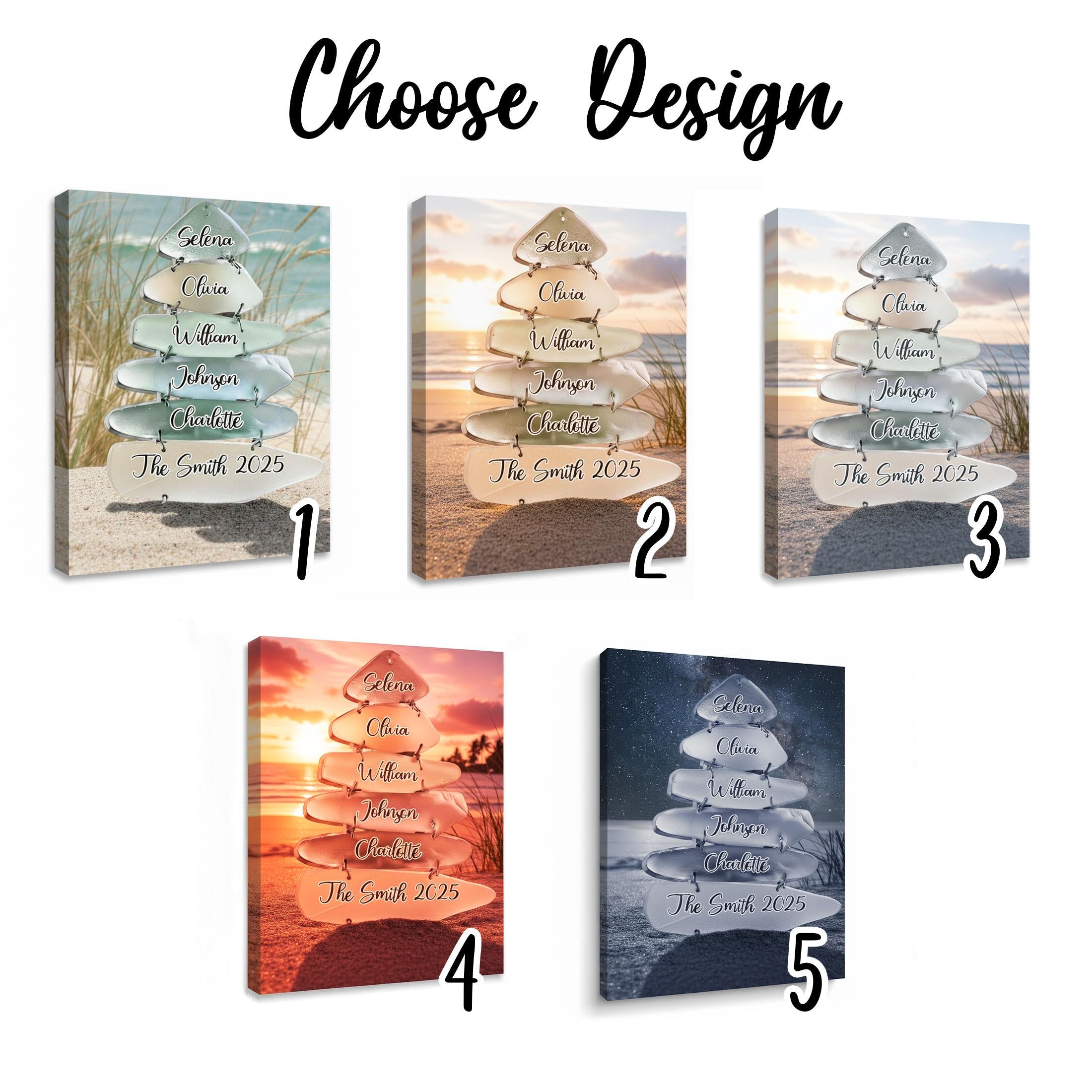 Personalized Beach Sunset Family Canvas: Sea Glass Wall Art, Custom Names, Coastal Home Decor
