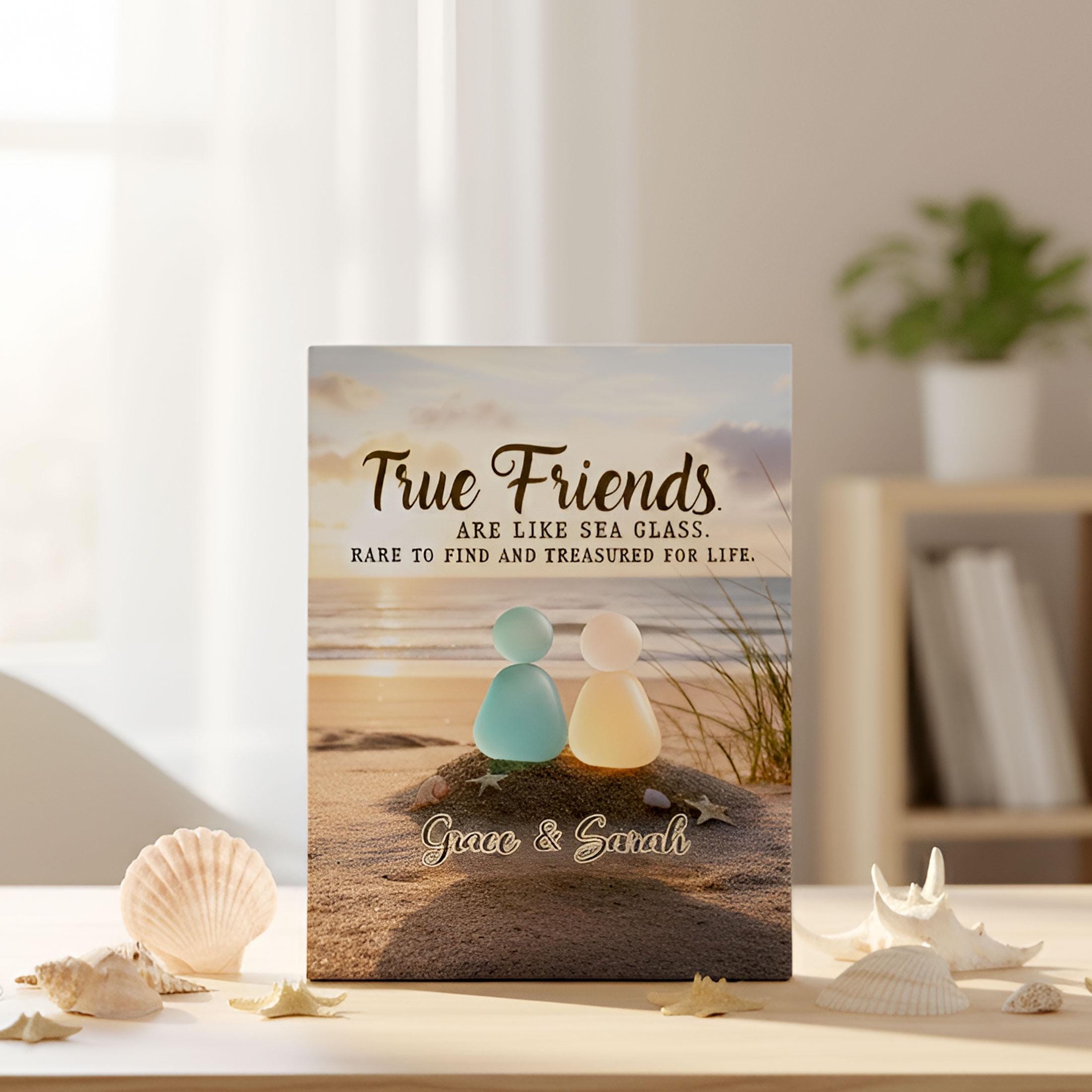 Custom Friendship Sea Glass Canvas: Personalized Beach Sunset Wall Art, True Friends Keepsake