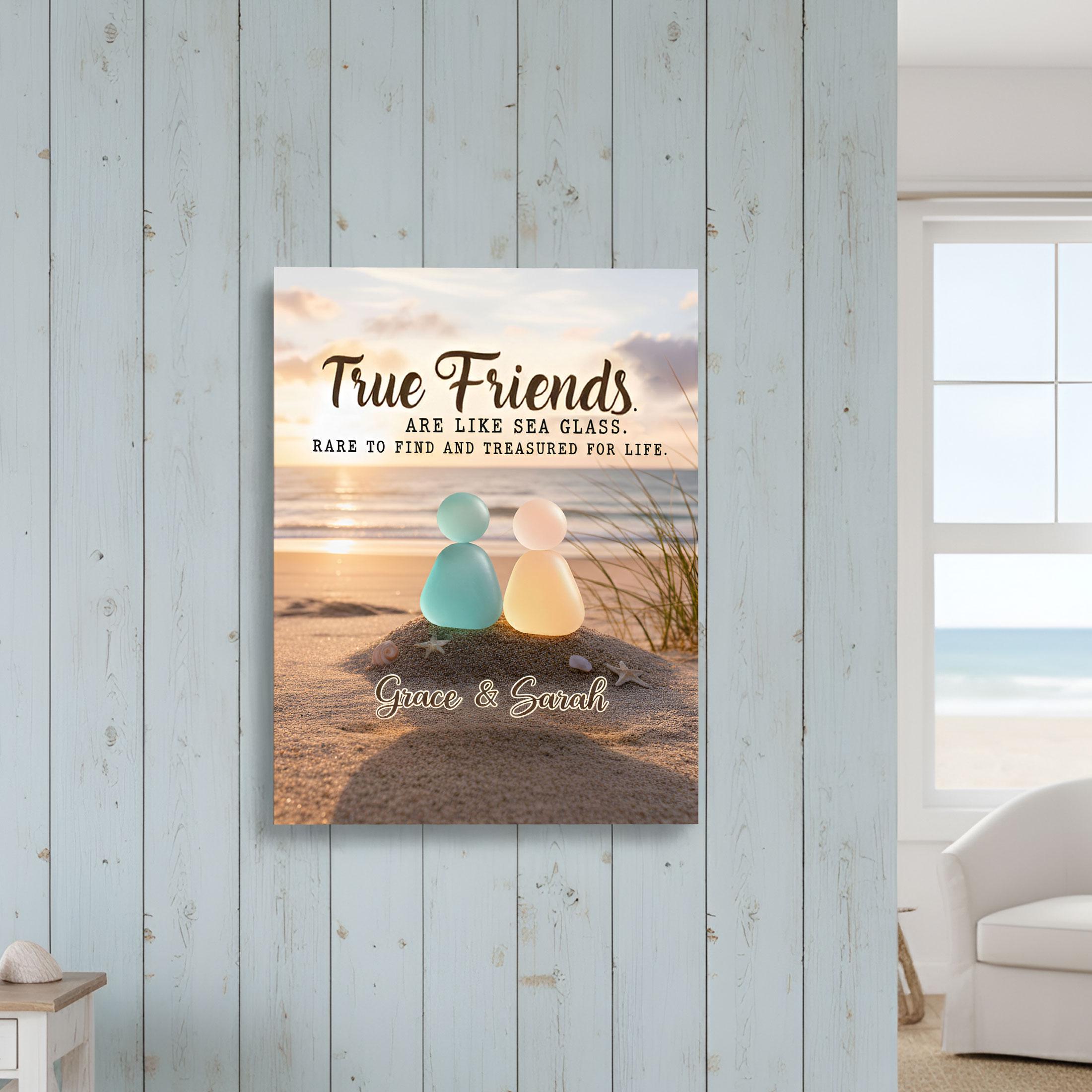 Custom Friendship Sea Glass Canvas: Personalized Beach Sunset Wall Art, True Friends Keepsake