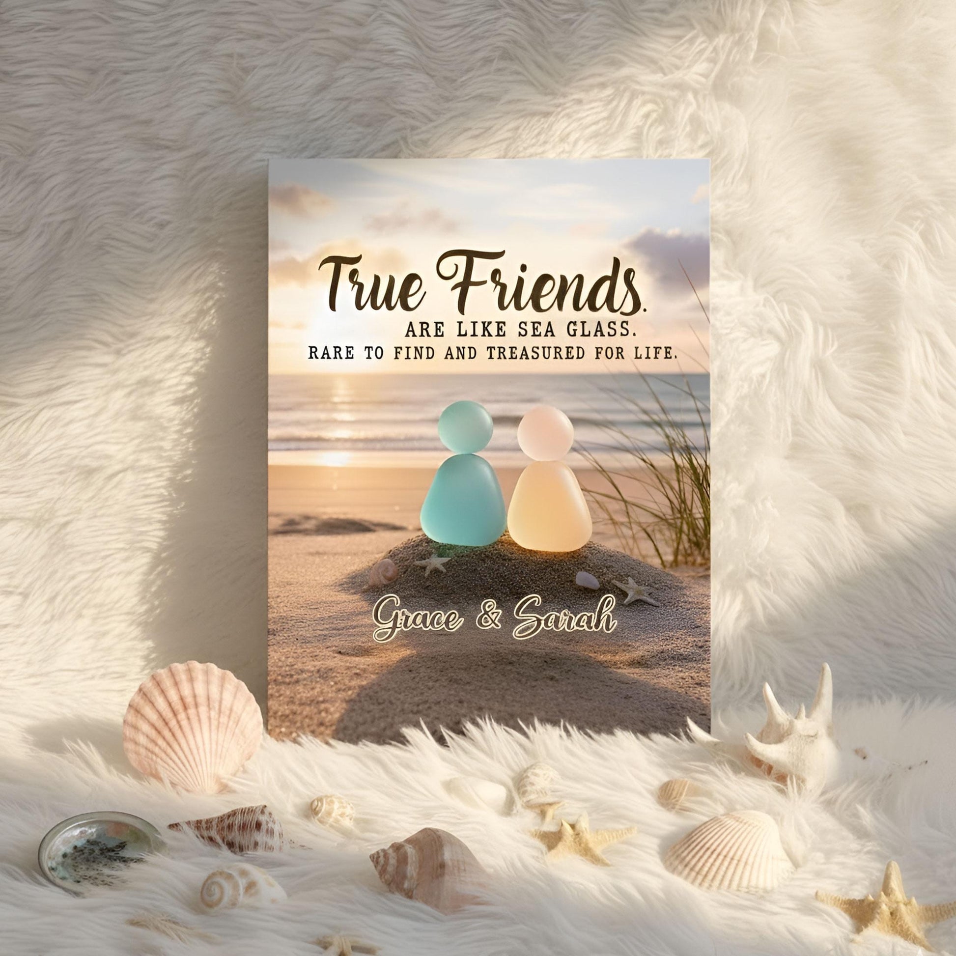 Custom Friendship Sea Glass Canvas: Personalized Beach Sunset Wall Art, True Friends Keepsake