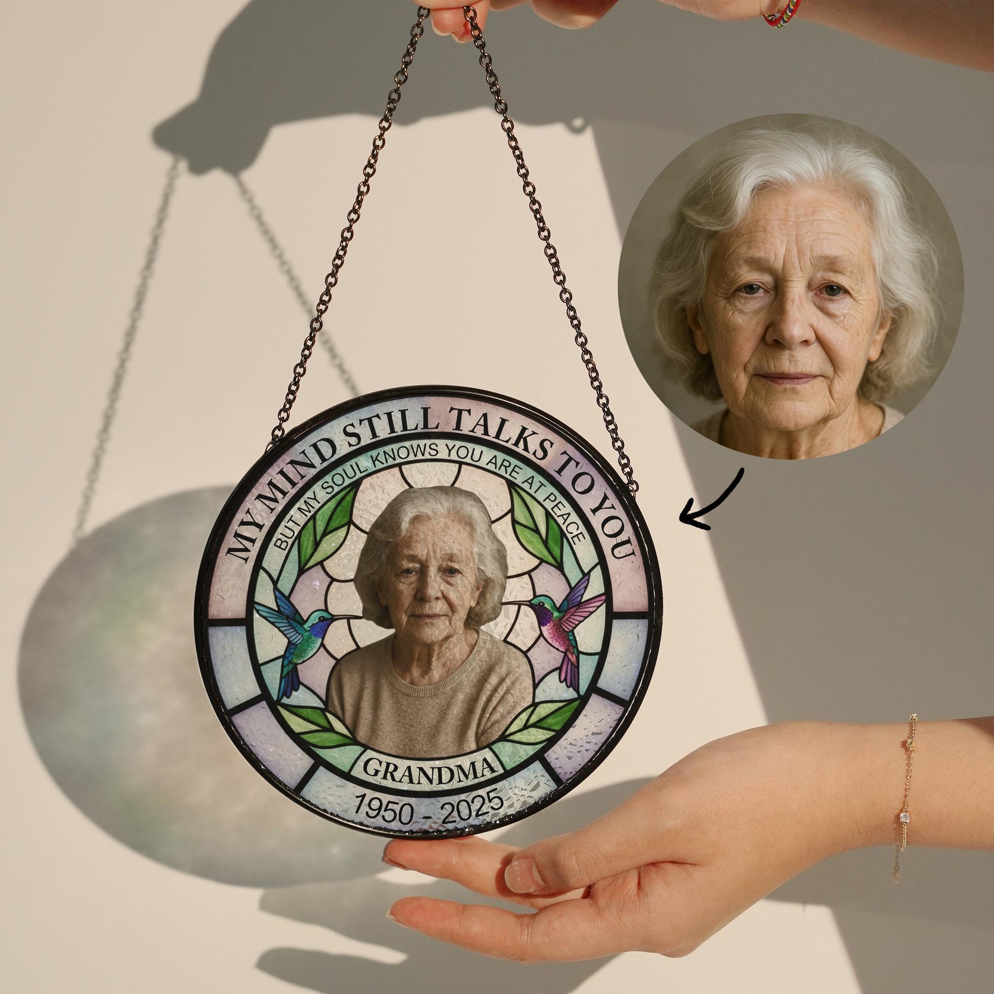 Memorial Photo Glass Suncatcher, Custom Name & Dates, Round Hummingbird Window Hanging