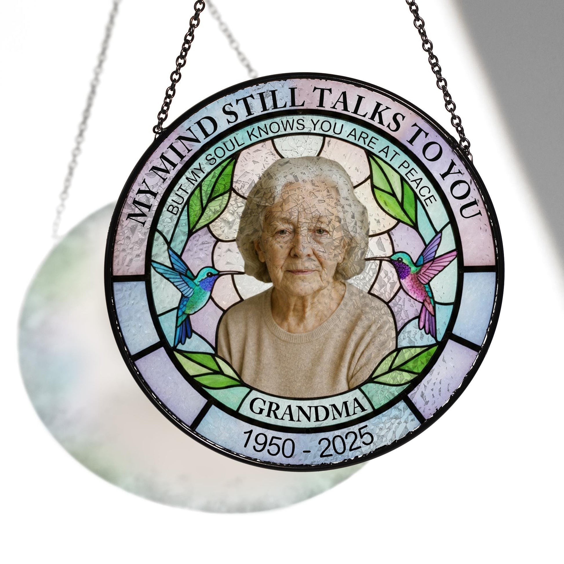 Memorial Photo Glass Suncatcher, Custom Name & Dates, Round Hummingbird Window Hanging