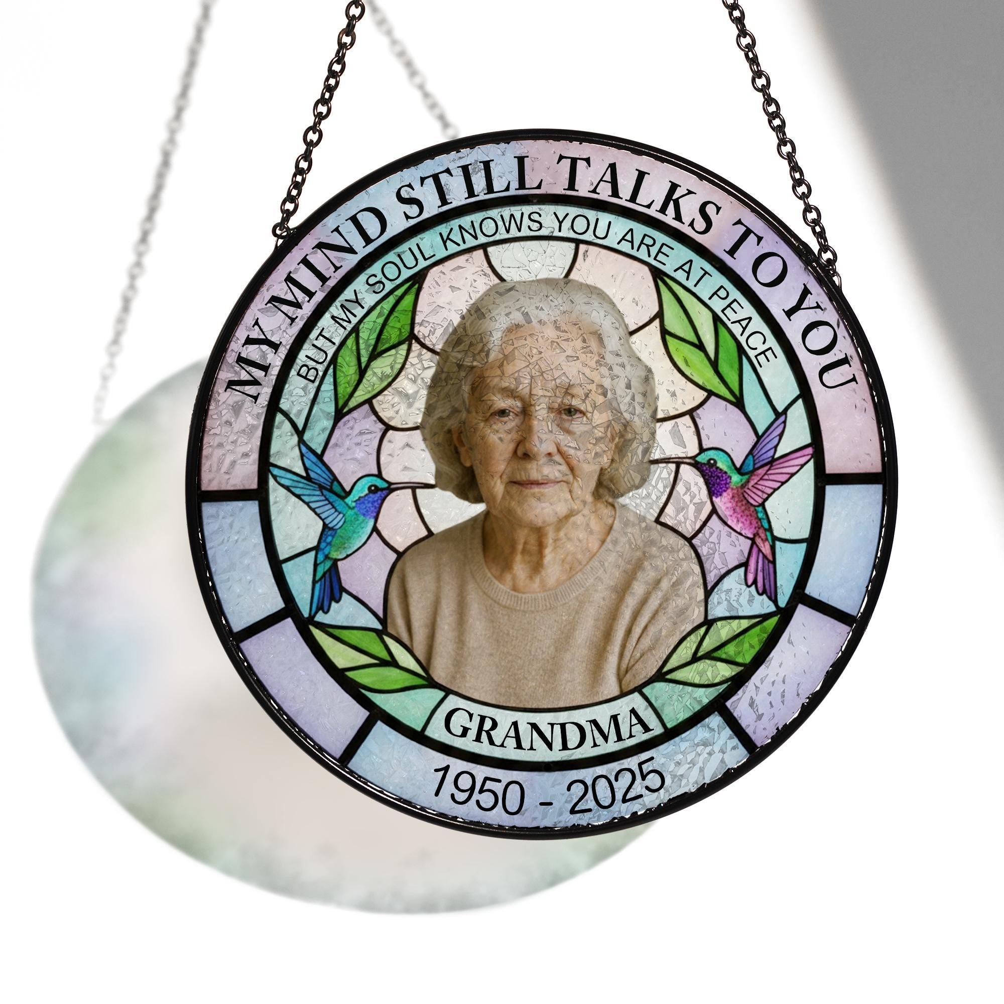 Memorial Photo Glass Suncatcher, Custom Name & Dates, Round Hummingbird Window Hanging