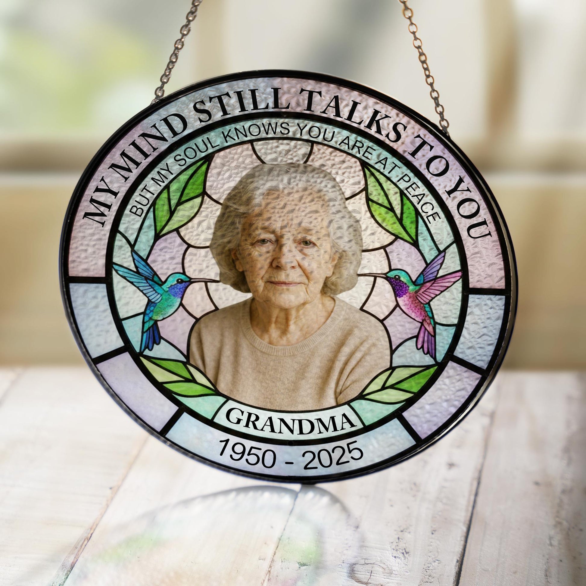 Memorial Photo Glass Suncatcher, Custom Name & Dates, Round Hummingbird Window Hanging