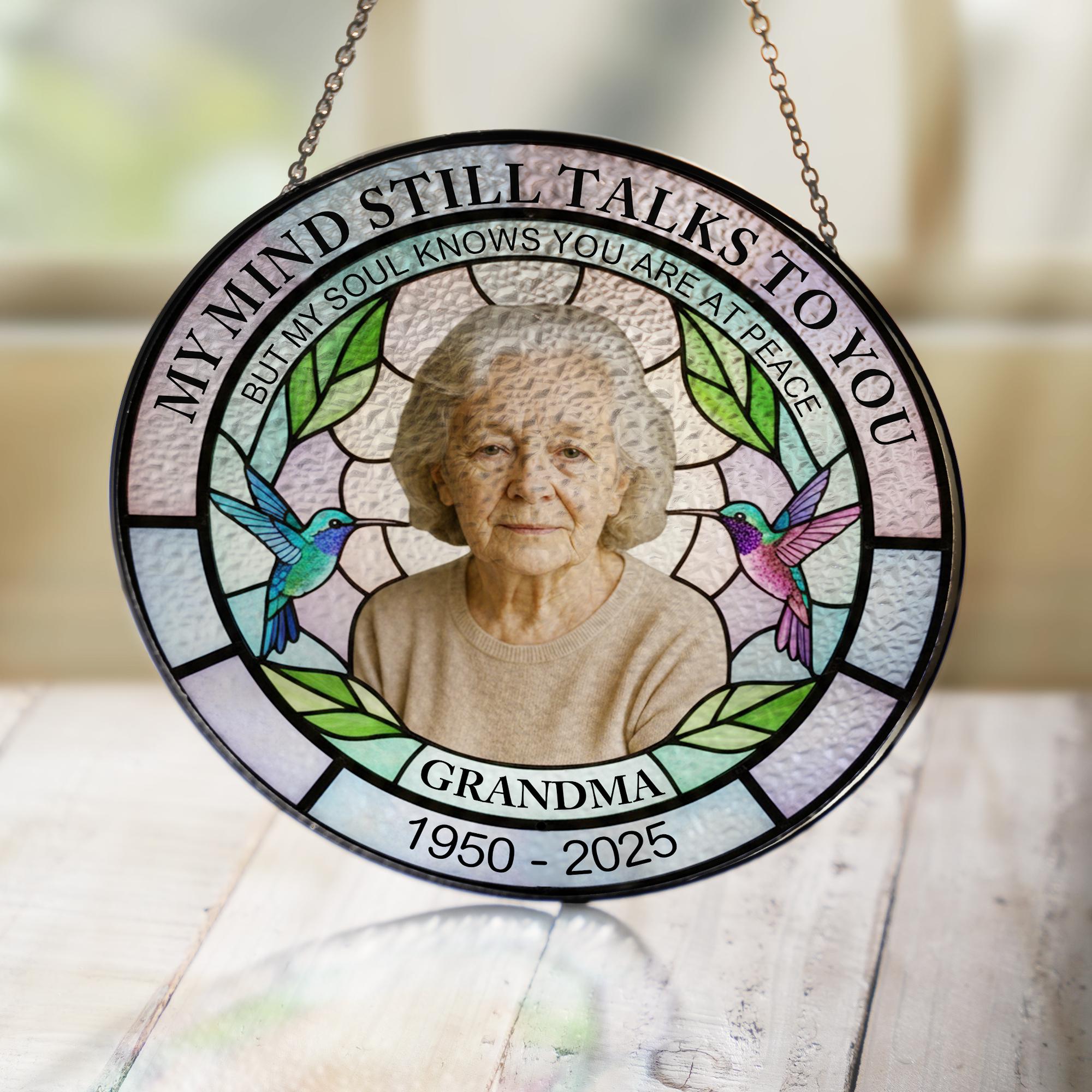 Memorial Photo Glass Suncatcher, Custom Name & Dates, Round Hummingbird Window Hanging