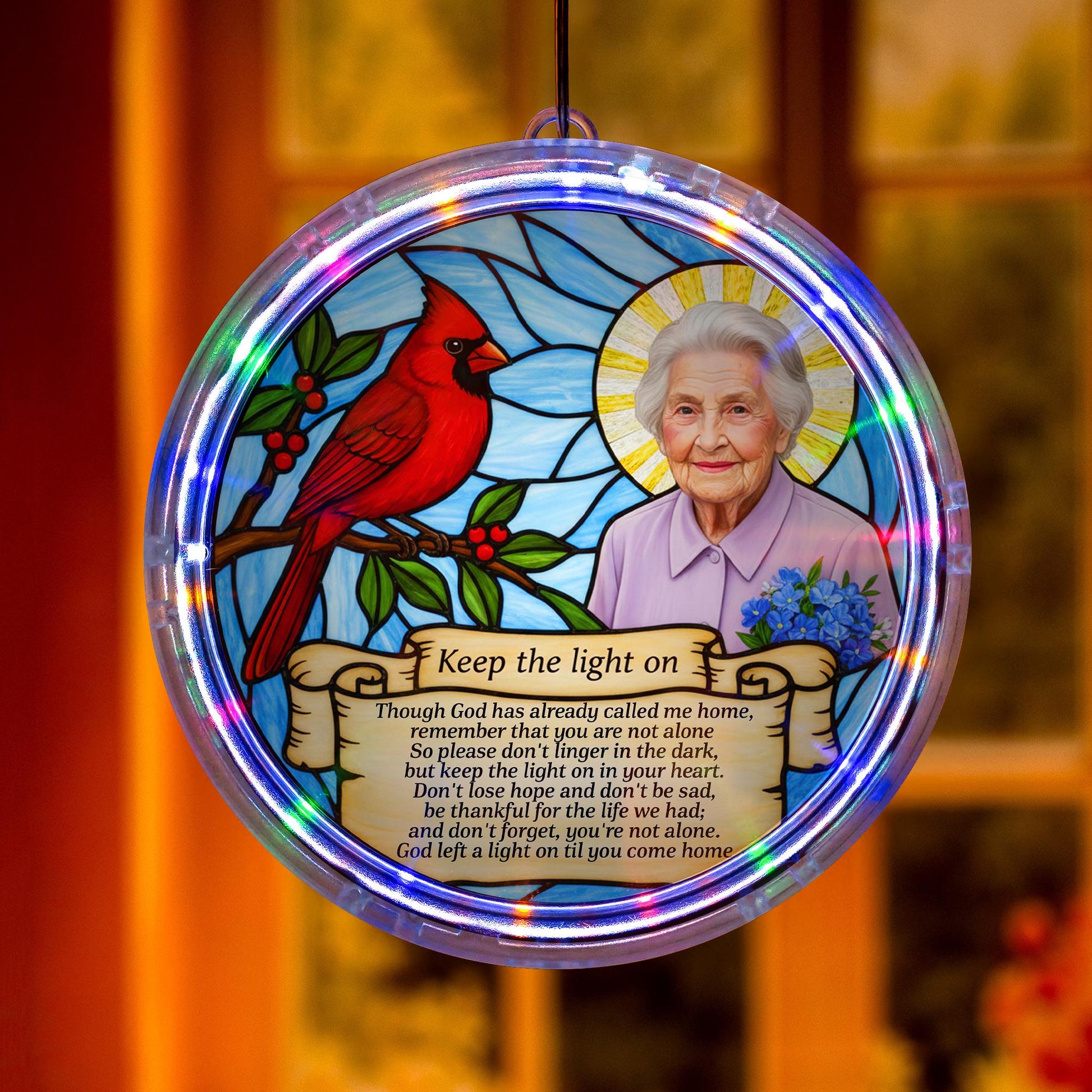 Personalized Memorial LED Suncatcher – Window Hanging Keepsake – “Keep the Light On” Tribute Gift