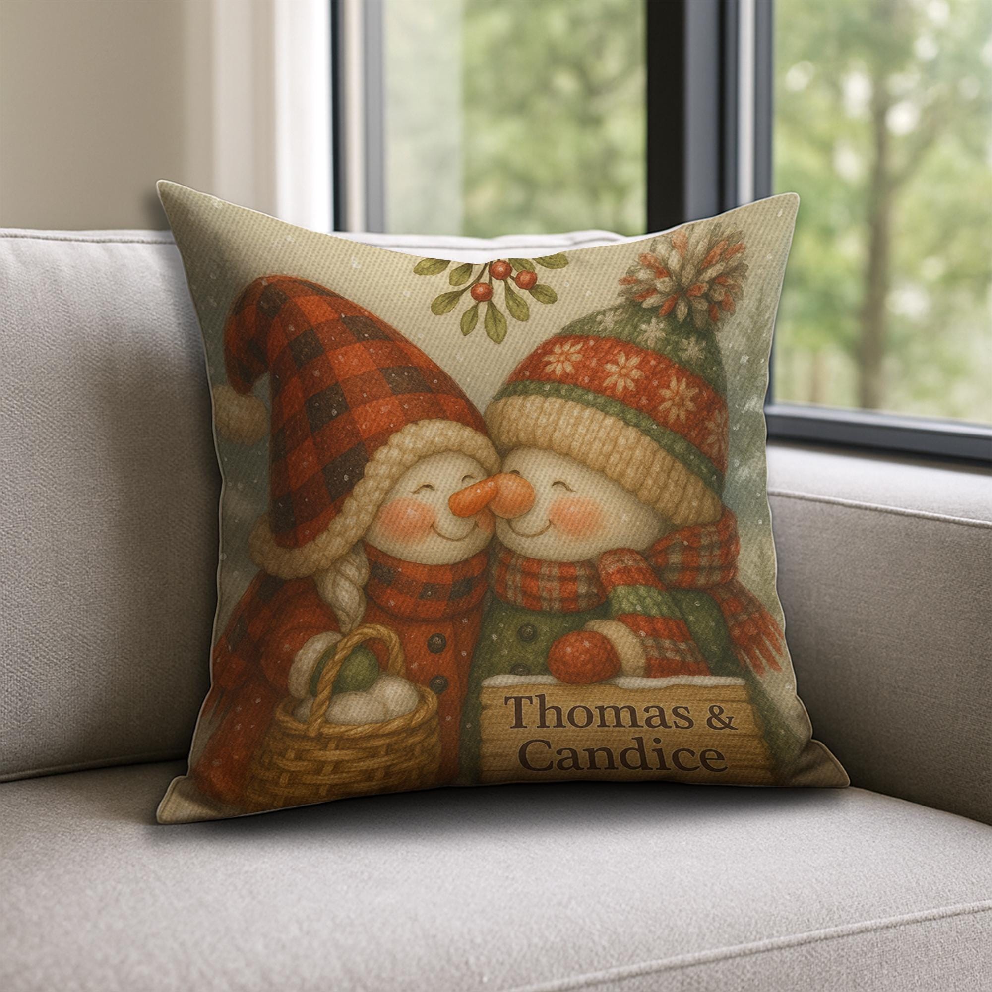 Custom Snow Couple Pillow – Holiday Decor with Names