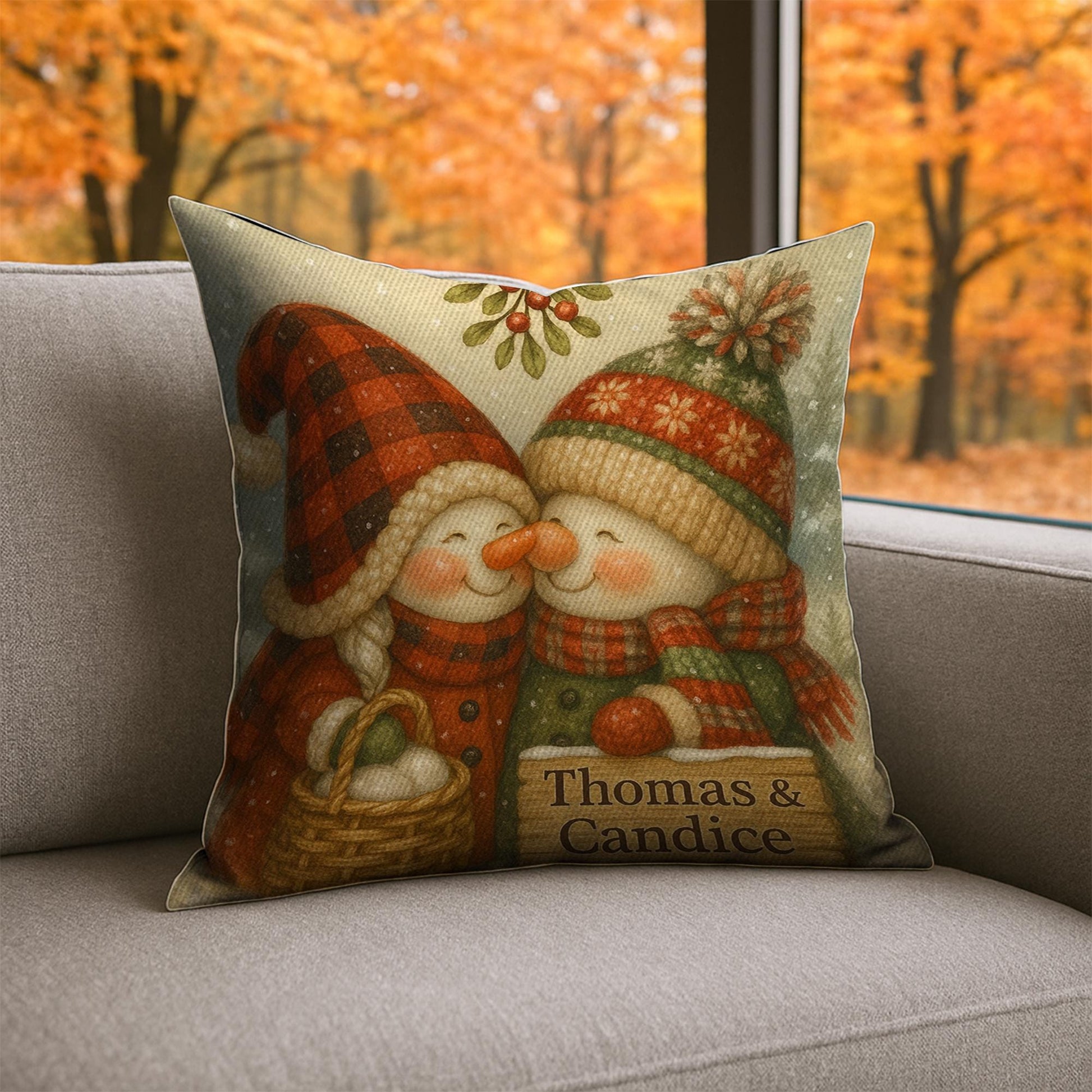 Custom Snow Couple Pillow – Holiday Decor with Names