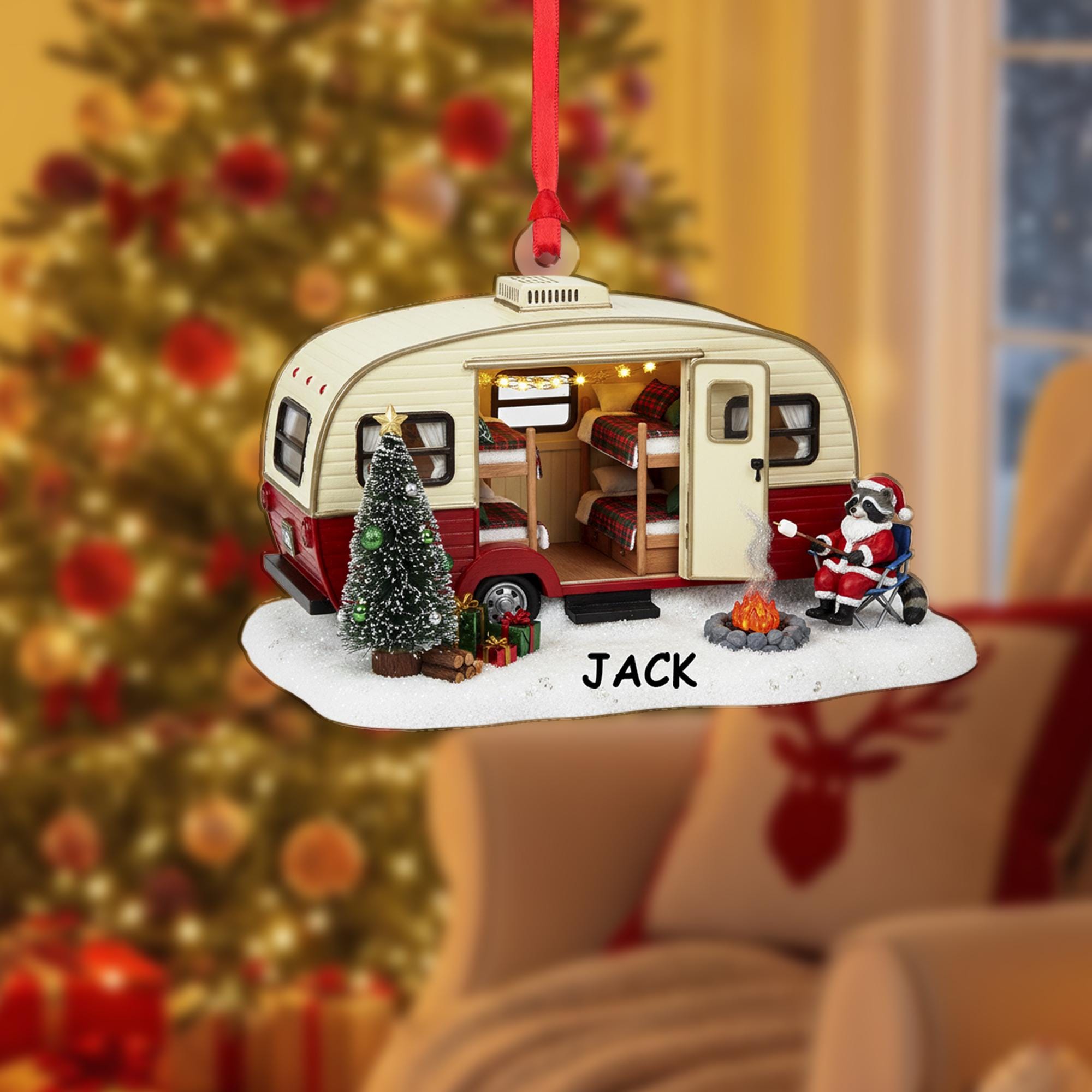 Personalized Camper & Raccoon Christmas Ornament | Custom Name Travel Trailer Holiday Decor Gift
