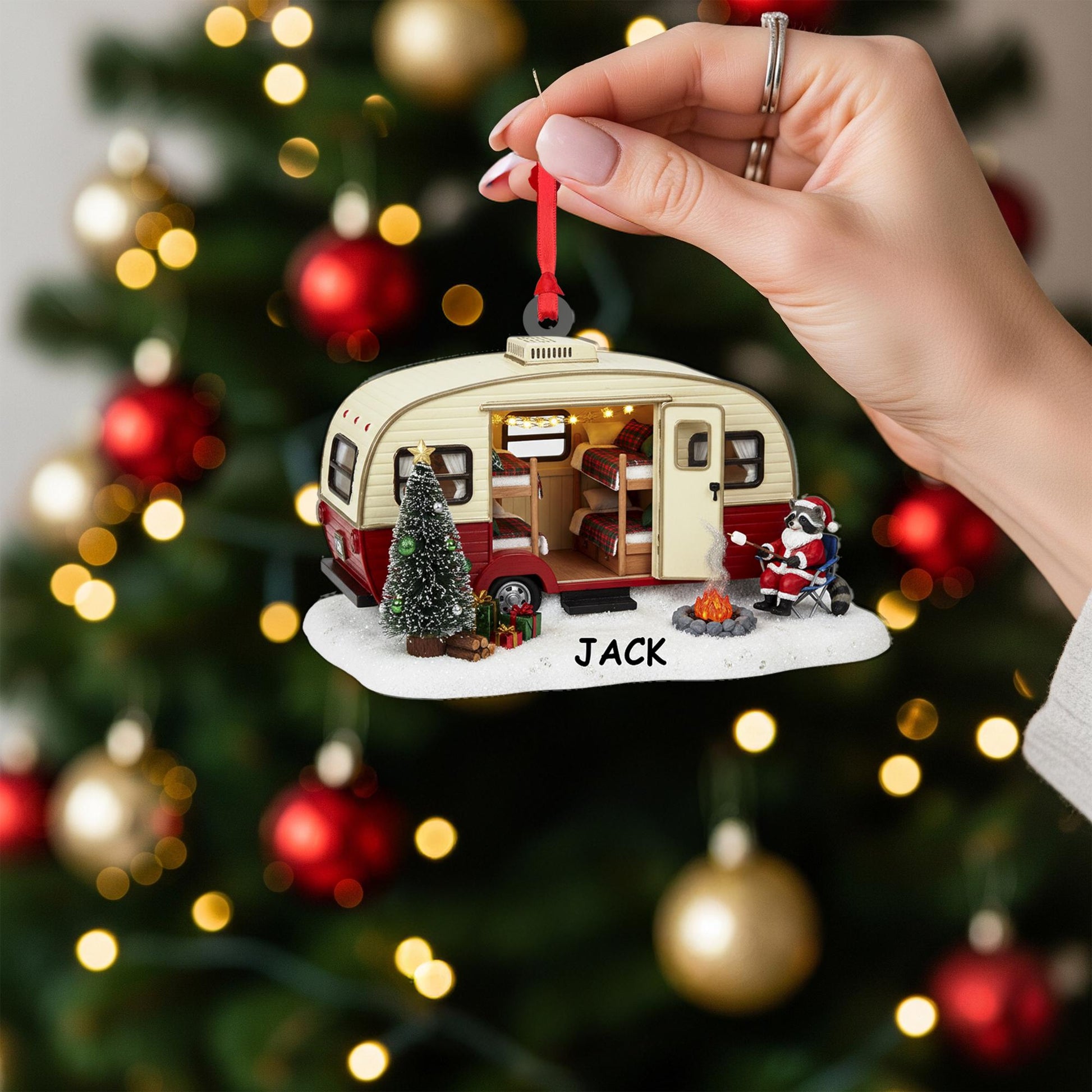 Personalized Camper & Raccoon Christmas Ornament | Custom Name Travel Trailer Holiday Decor Gift