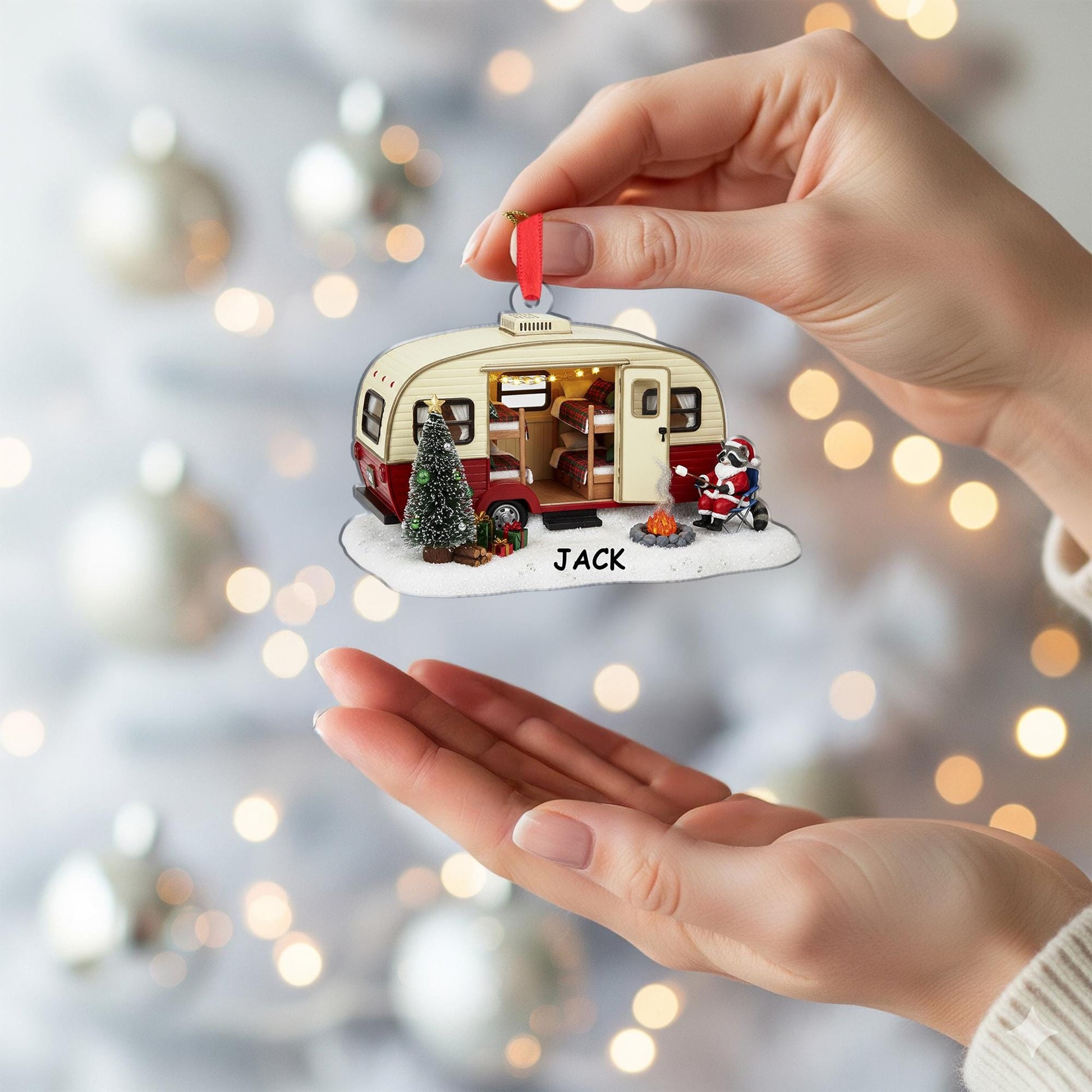 Personalized Camper & Raccoon Christmas Ornament | Custom Name Travel Trailer Holiday Decor Gift