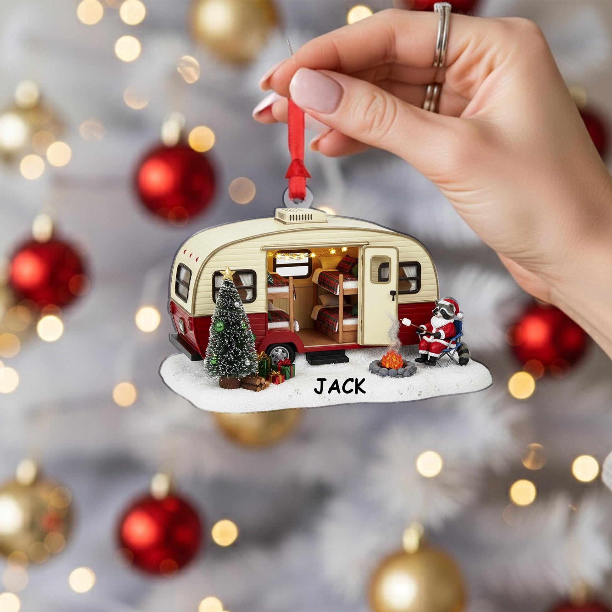 Personalized Camper & Raccoon Christmas Ornament | Custom Name Travel Trailer Holiday Decor Gift