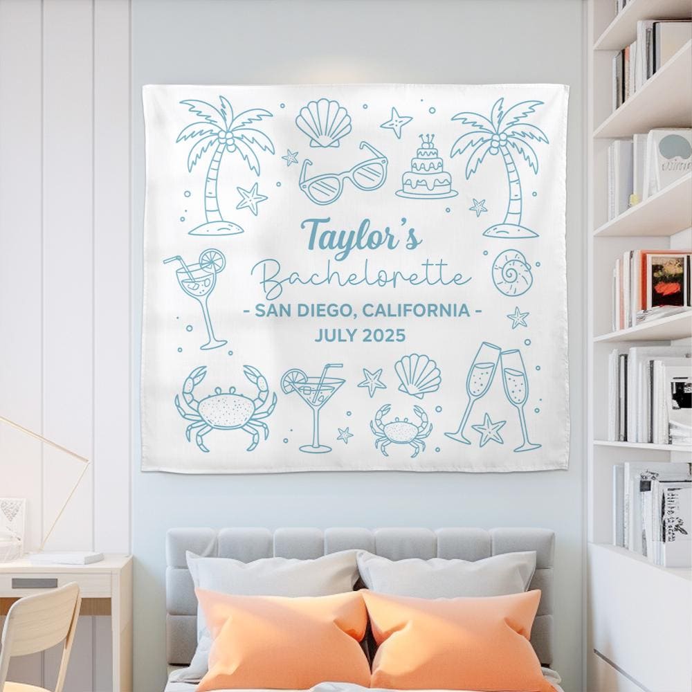 Beach Bachelorette Party Tapestry – Personalized Bridal Shower Backdrop