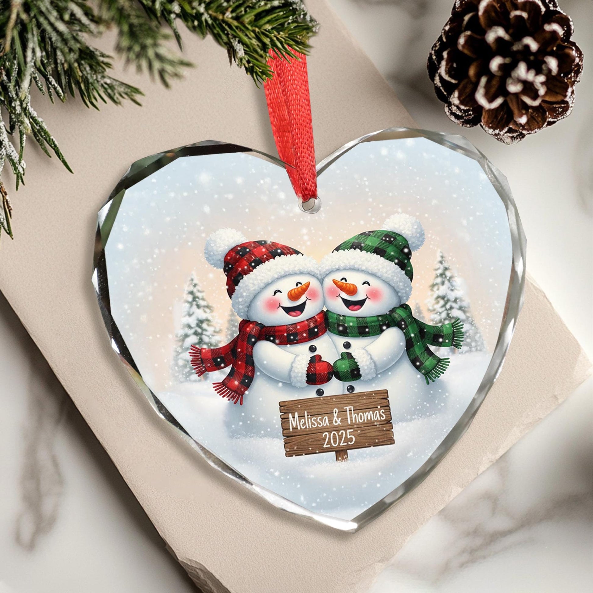 Heart Glass Ornament, Personalized Couple Snowman Design with Names & Year