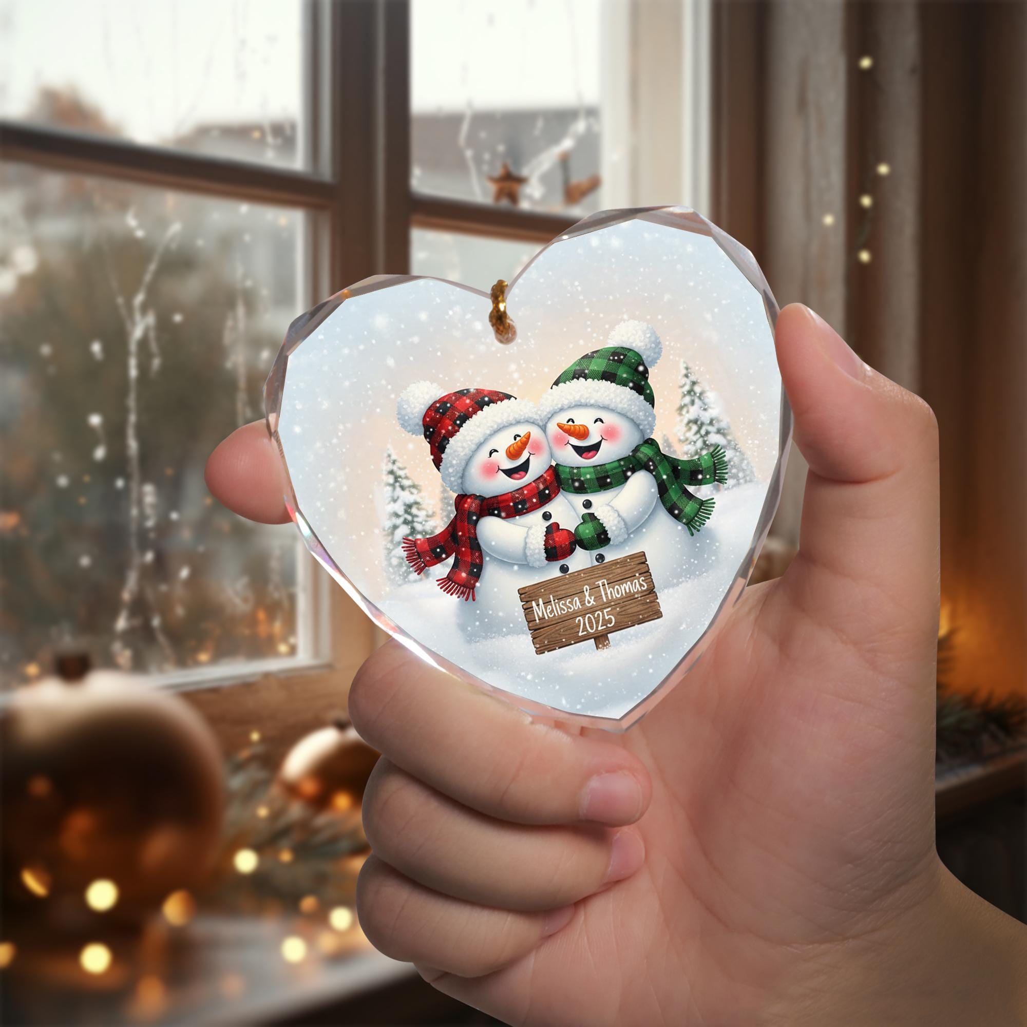 Heart Glass Ornament, Personalized Couple Snowman Design with Names & Year