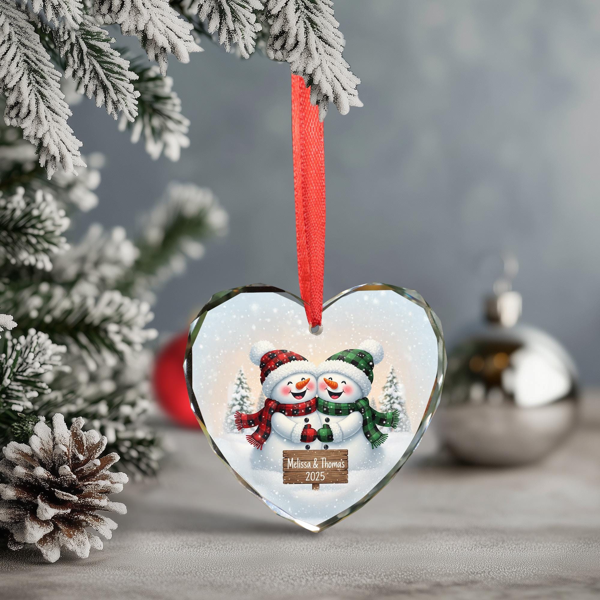 Heart Glass Ornament, Personalized Couple Snowman Design with Names & Year