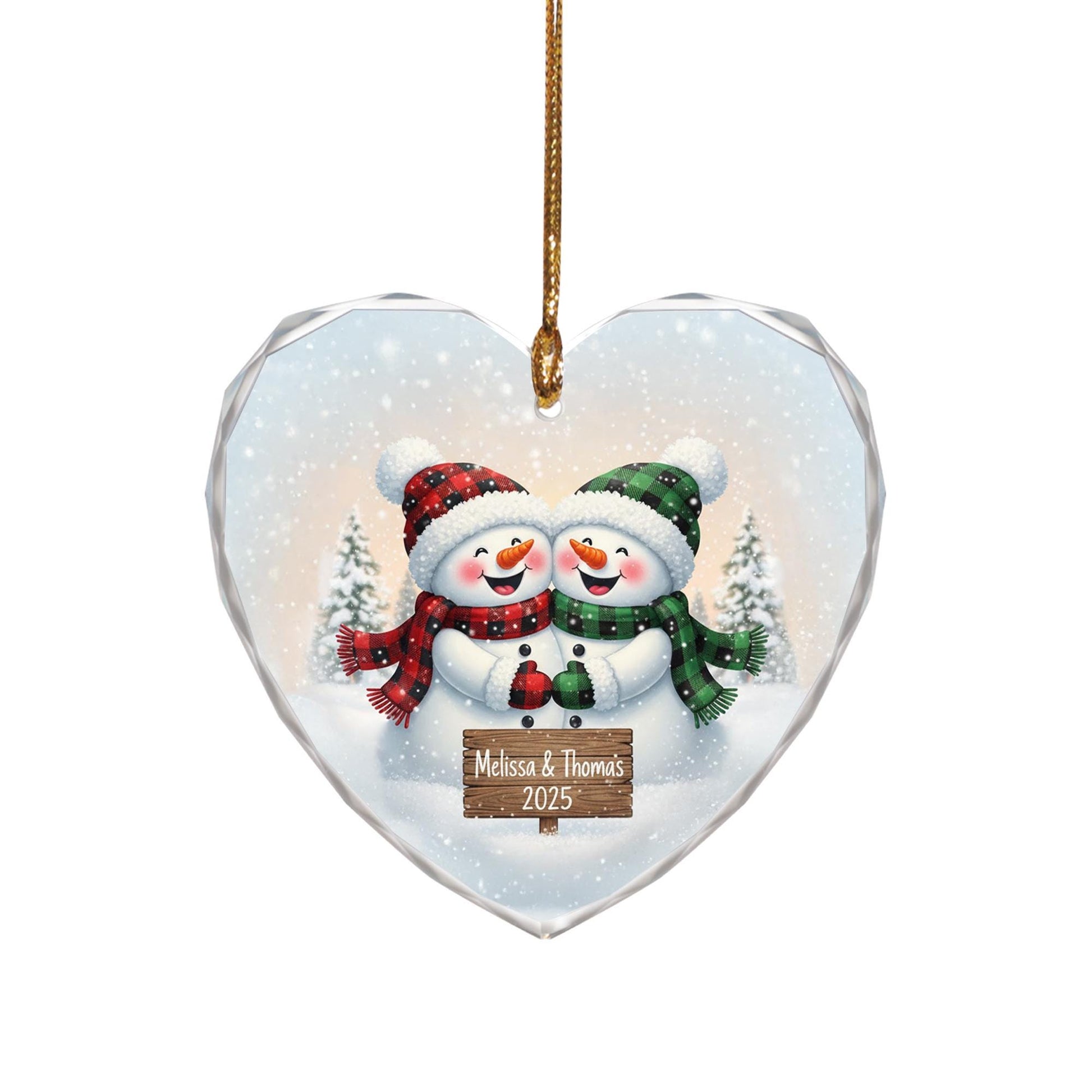 Heart Glass Ornament, Personalized Couple Snowman Design with Names & Year