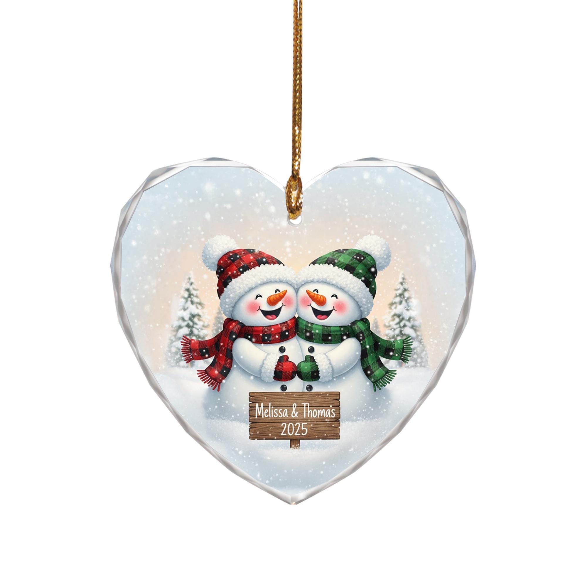 Heart Glass Ornament, Personalized Couple Snowman Design with Names & Year