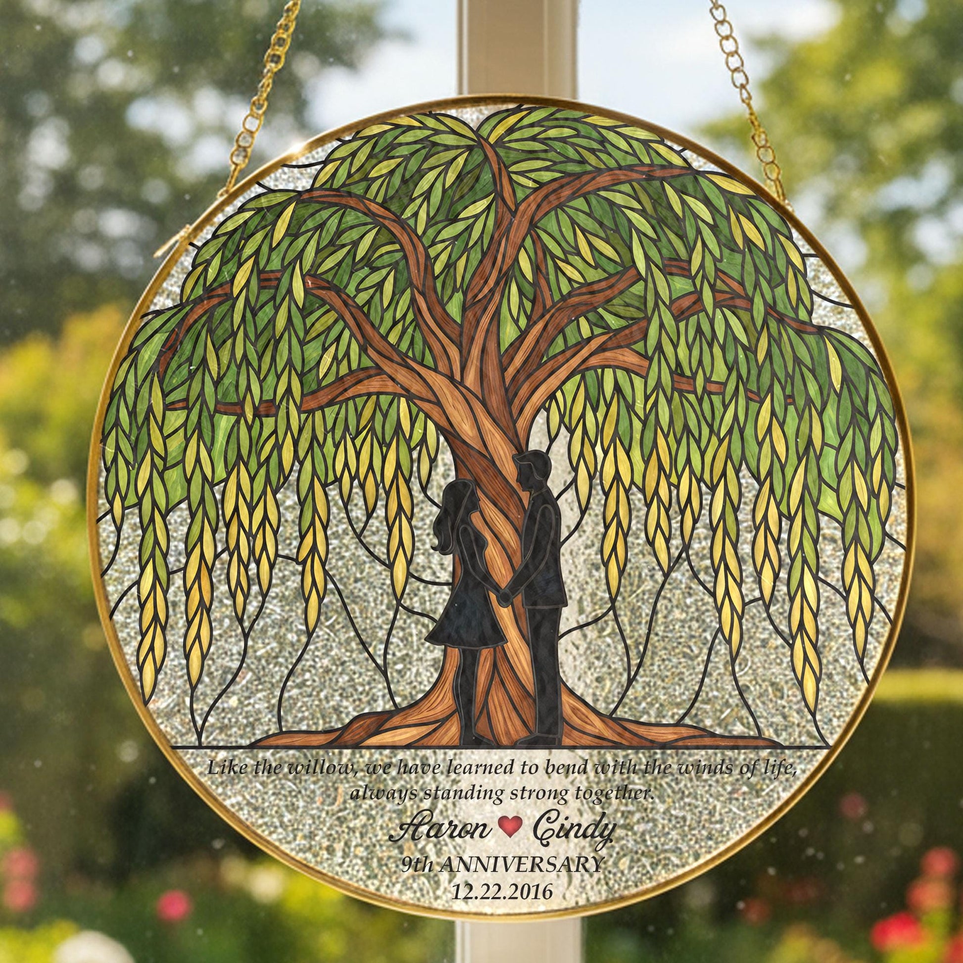 Personalized Anniversary Glass Suncatcher: Willow Tree Romantic Couple Keepsake, Custom Names & Date