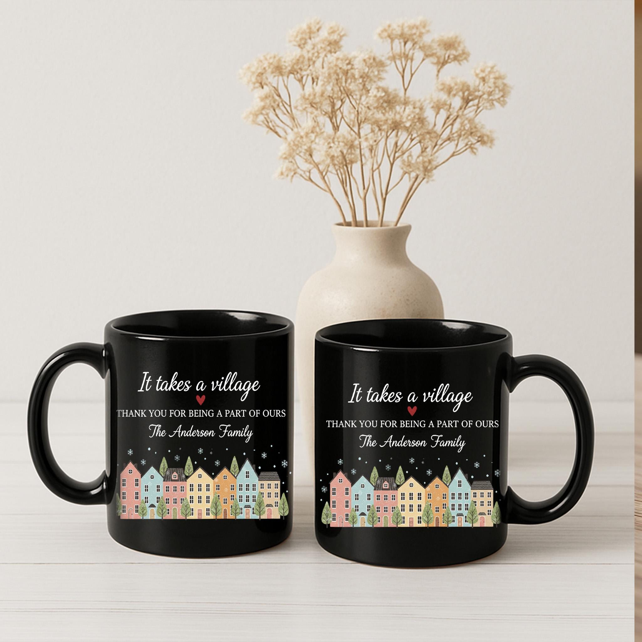Custom Family Mug – It Takes a Village Quote, Personalized House Design Coffee Cup
