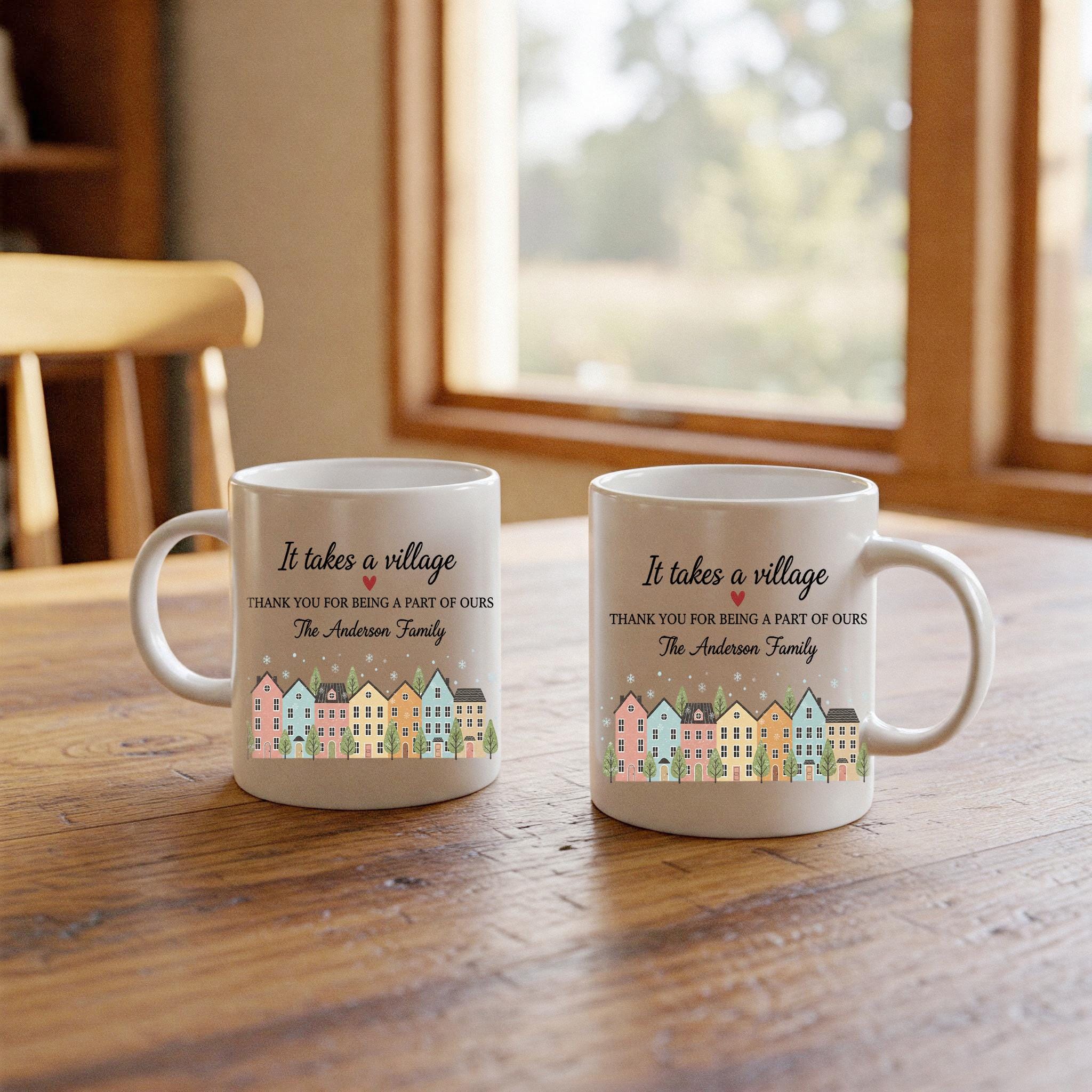 Custom Family Mug – It Takes a Village Quote, Personalized House Design Coffee Cup