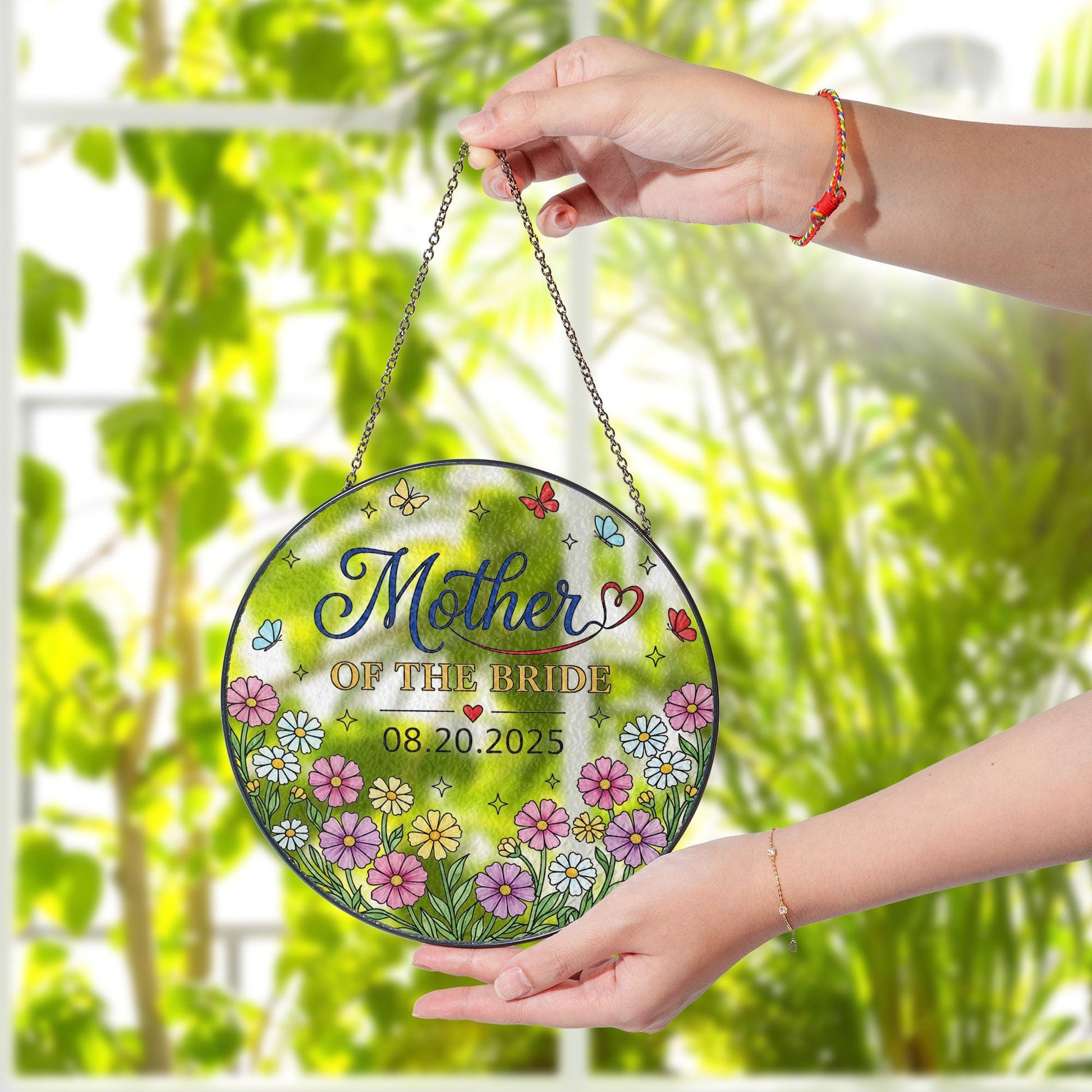 Custom Mother of the Bride Suncatcher – Round Faux Stained Glass Floral Window Hanging Decor