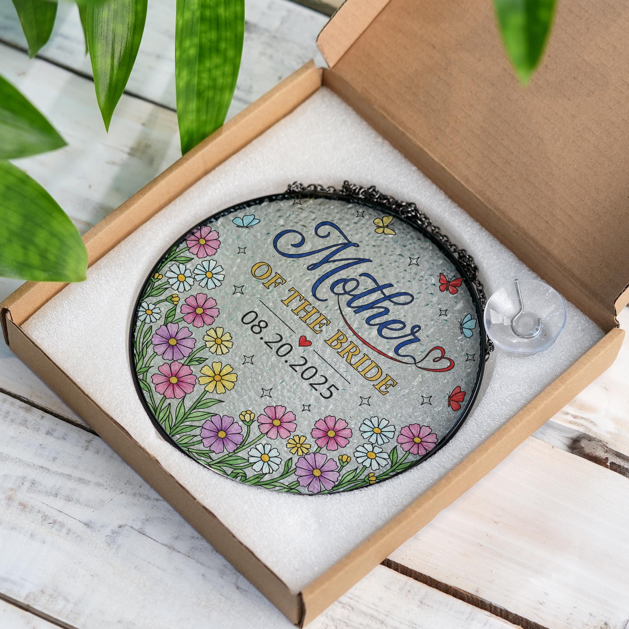 Custom Mother of the Bride Suncatcher – Round Faux Stained Glass Floral Window Hanging Decor