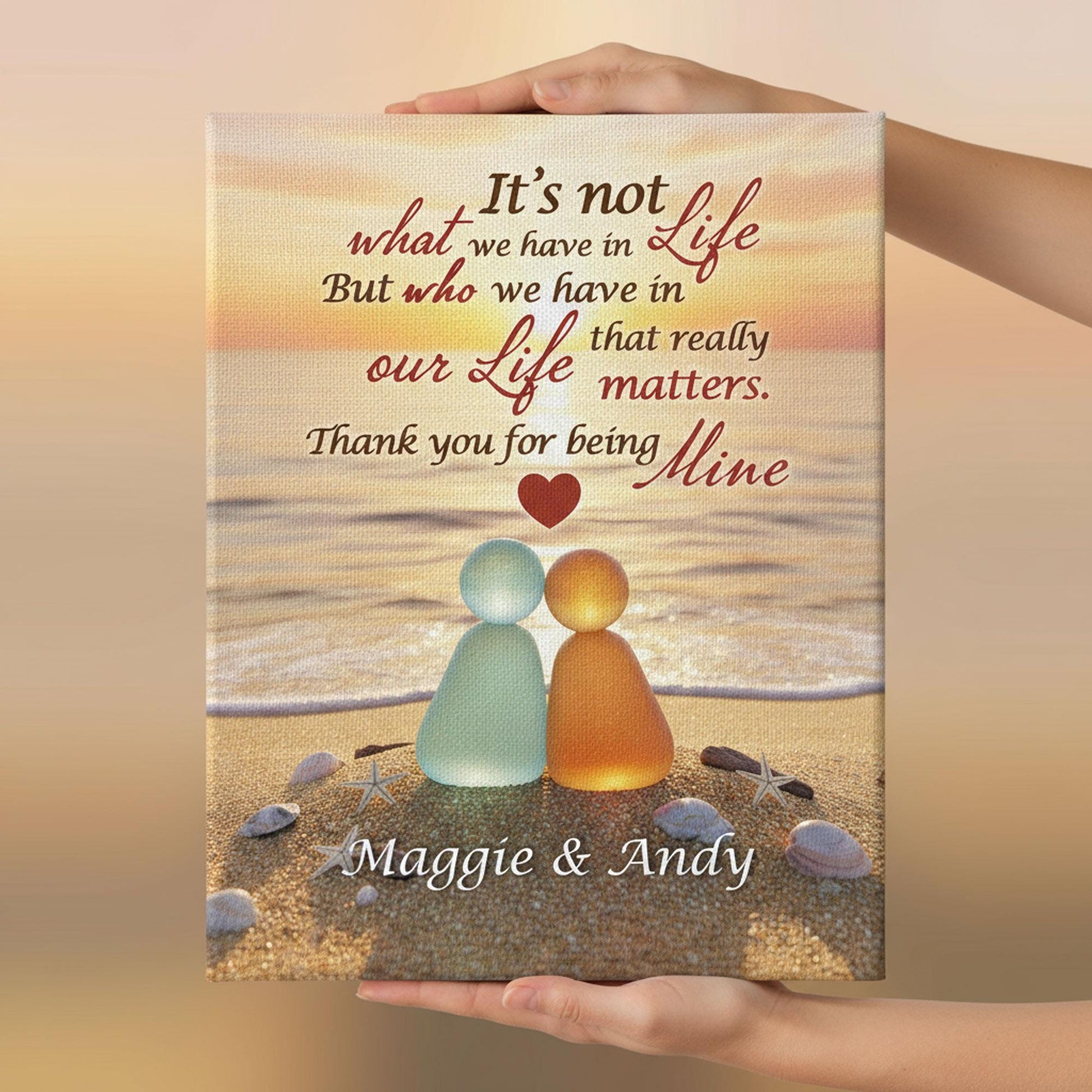 Custom Sea Glass Couple Canvas: Personalized Beach Sunset Anniversary Gift, Wedding Keepsake