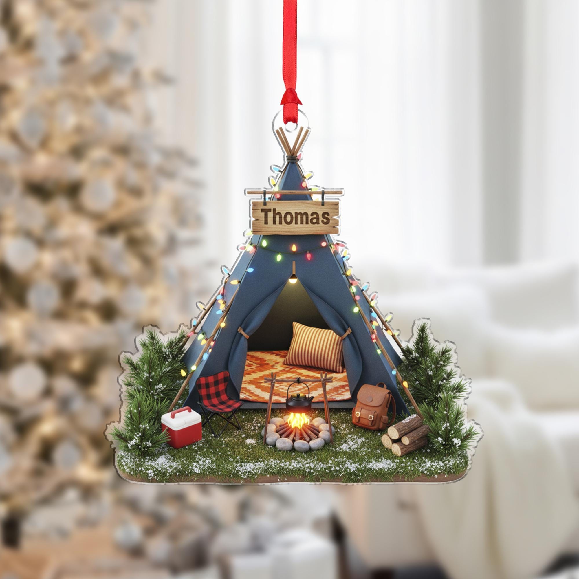Personalized Camping Teepee Ornament – Campfire & Lights Hanging Christmas Tree Decoration image 1