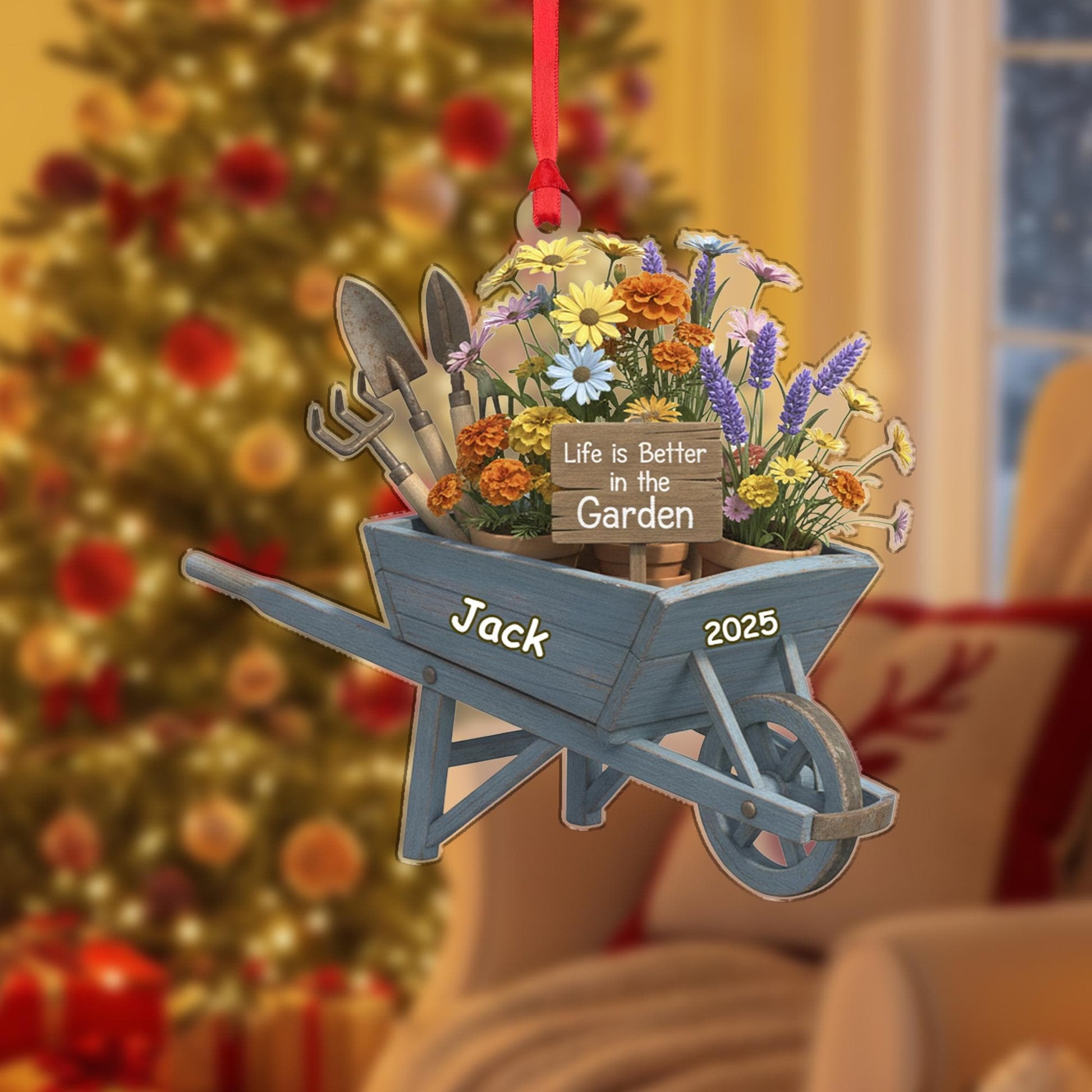 Personalized Garden Wheelbarrow Ornament – Custom Flower Cart Tree Decoration Keepsake image 2