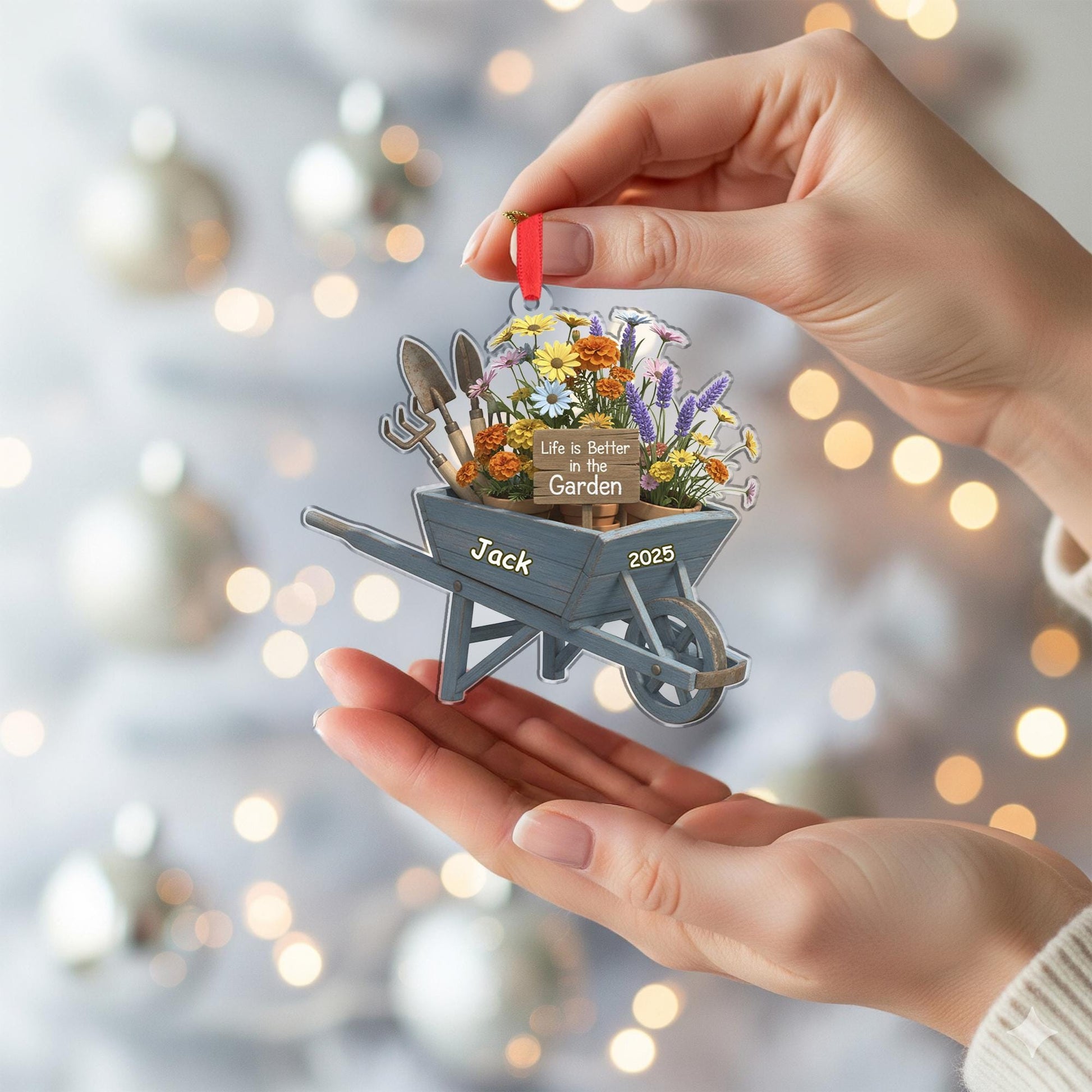 Personalized Garden Wheelbarrow Ornament – Custom Flower Cart Tree Decoration Keepsake image 3