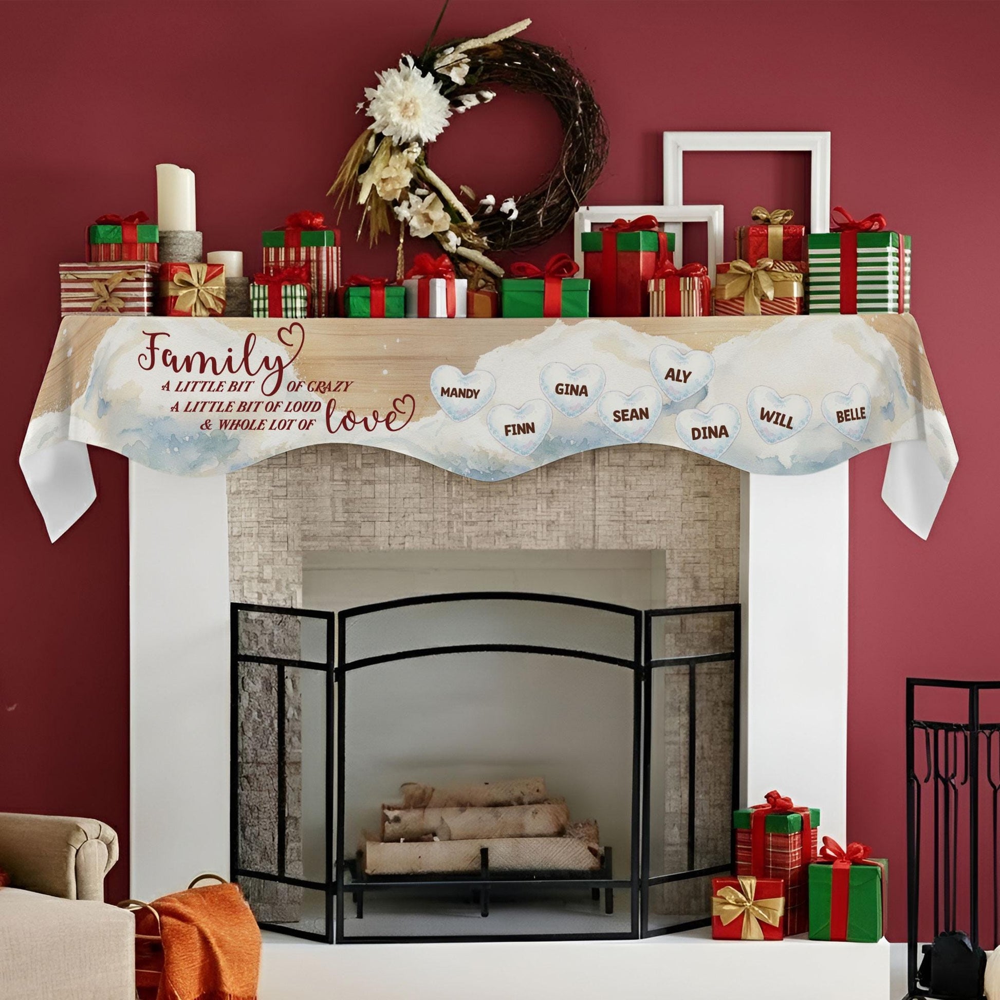 Custom Polyester Mantel Scarf: Personalized Snow Family Name Banner - Winter Fireplace Drape image 3