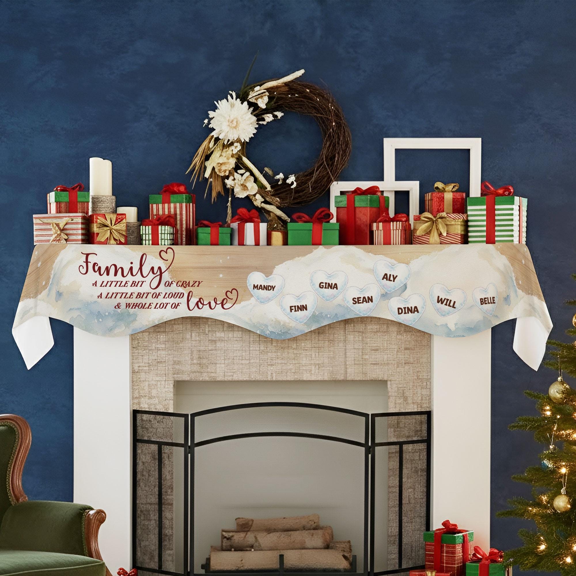 Custom Polyester Mantel Scarf: Personalized Snow Family Name Banner - Winter Fireplace Drape image 4