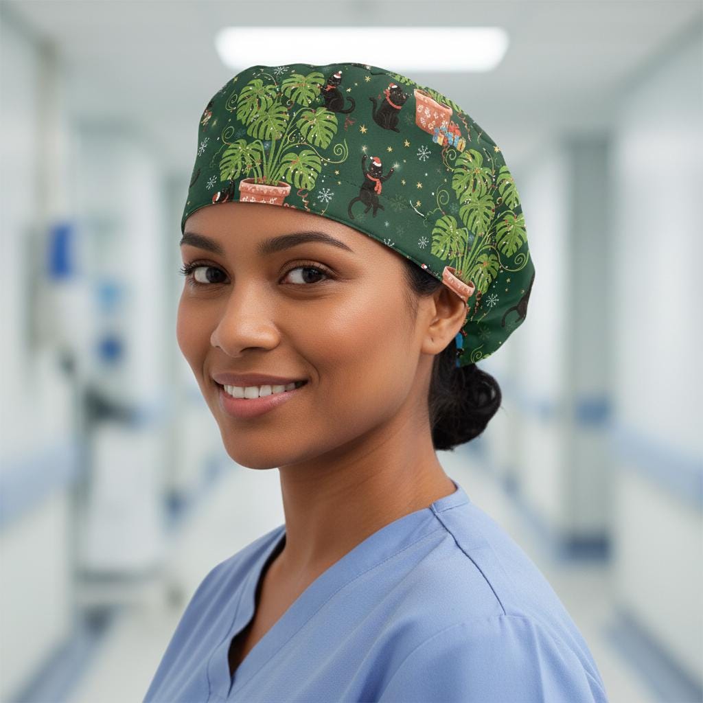 Cotton Scrub Cap: Christmas Black Cat Print, Monstera Pattern, Nurse Wear image 3