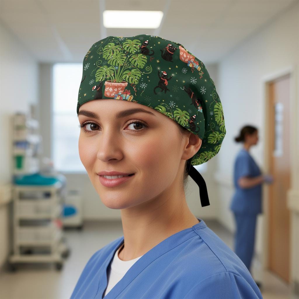 Cotton Scrub Cap: Christmas Black Cat Print, Monstera Pattern, Nurse Wear image 4