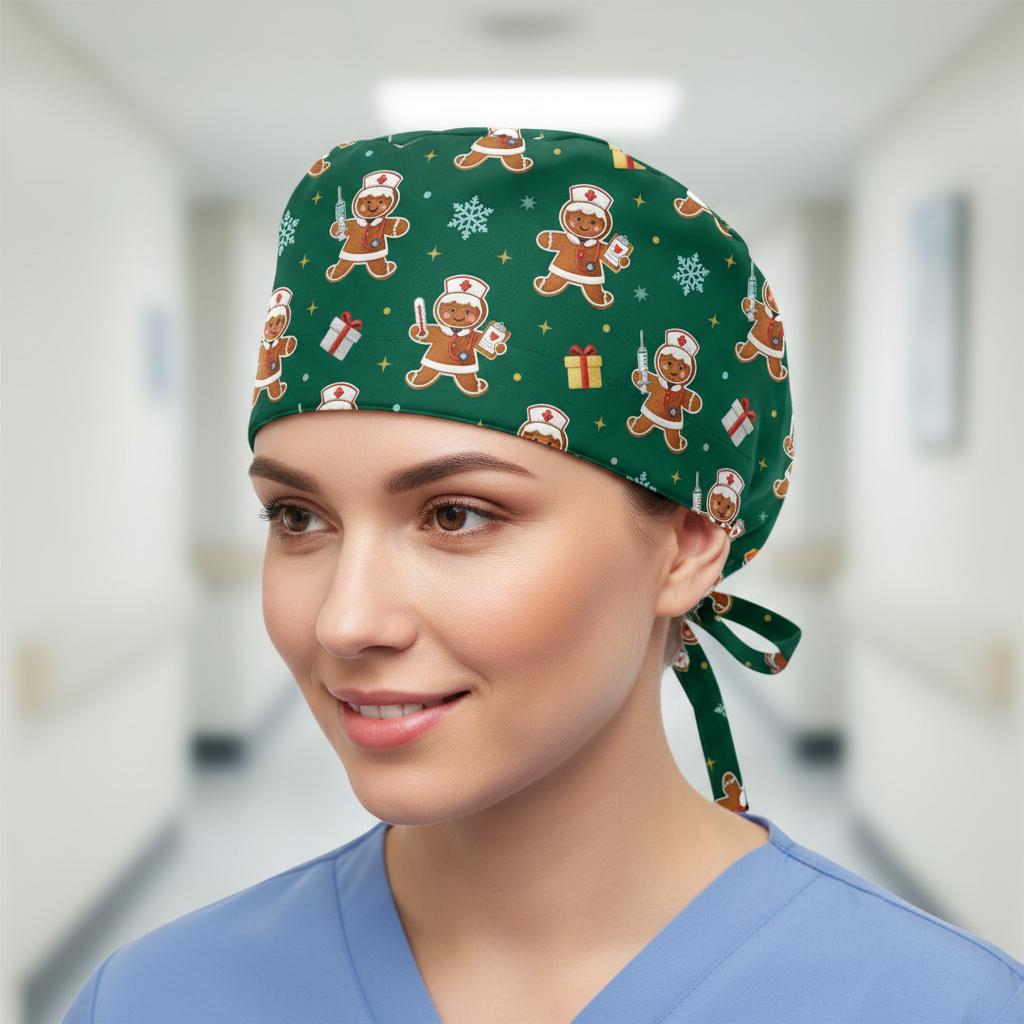 Cotton Scrub Cap: Gingerbread Print, Christmas Theme, RN Nurse Wear image 4