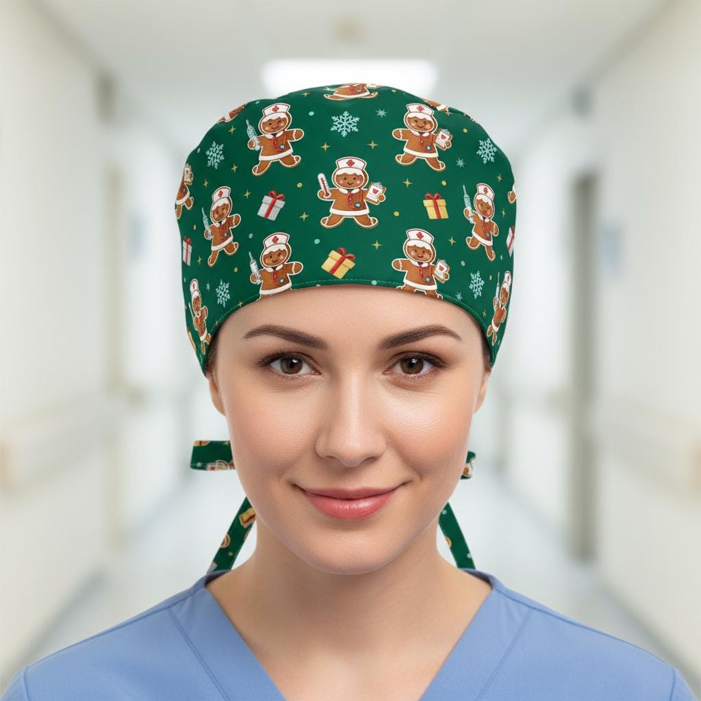 Cotton Scrub Cap: Gingerbread Print, Christmas Theme, RN Nurse Wear image 3