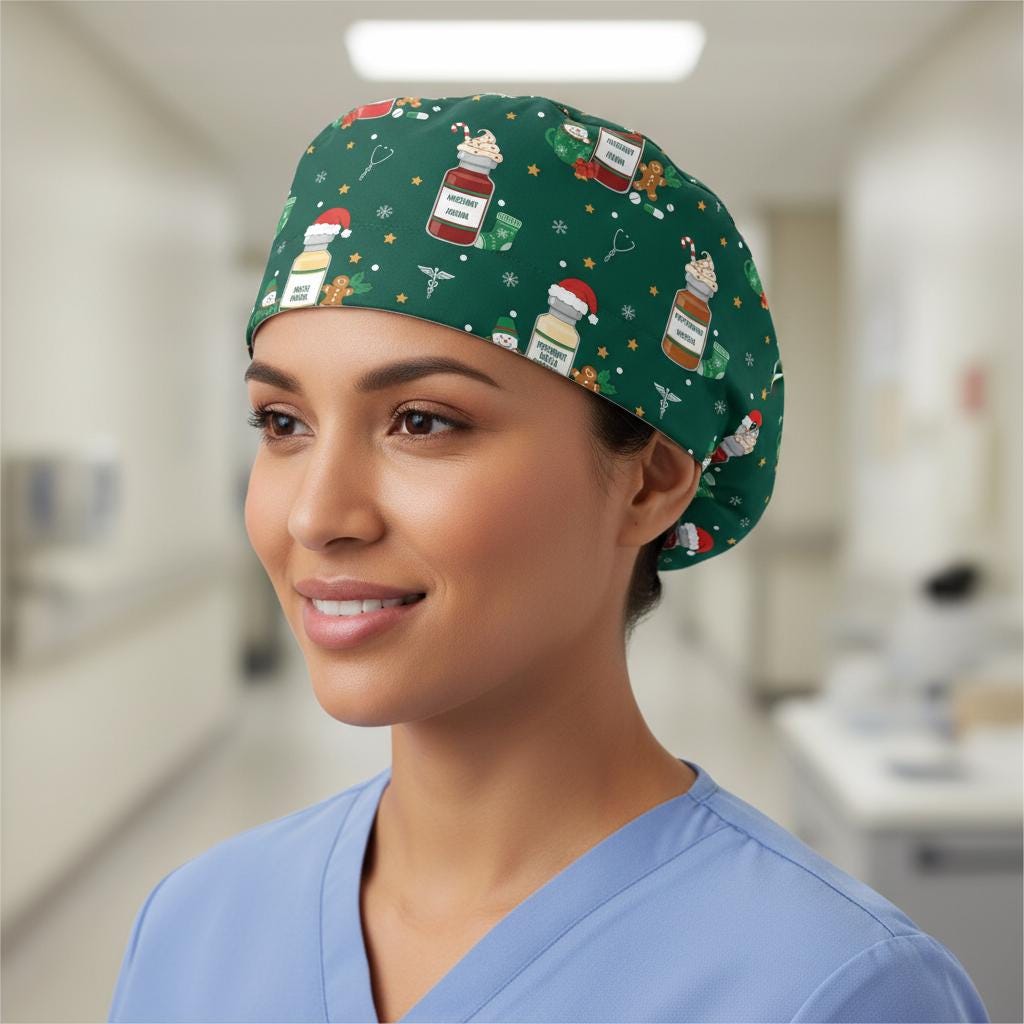 Cotton Scrub Cap: Silent Night Print, ICU Nurse Theme, Christmas Design image 4