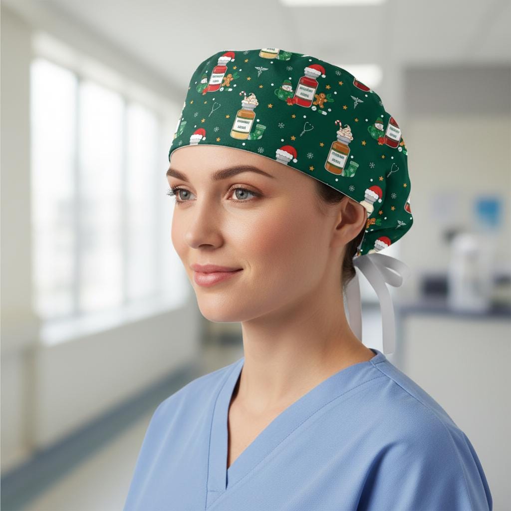 Cotton Scrub Cap: Silent Night Print, ICU Nurse Theme, Christmas Design image 3