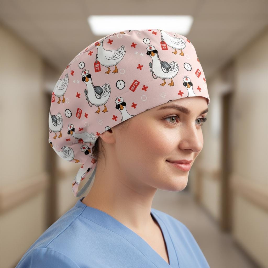 Cotton Scrub Cap: Goose Print, RN Nurse Theme, “Cuff ’Em” Design image 5