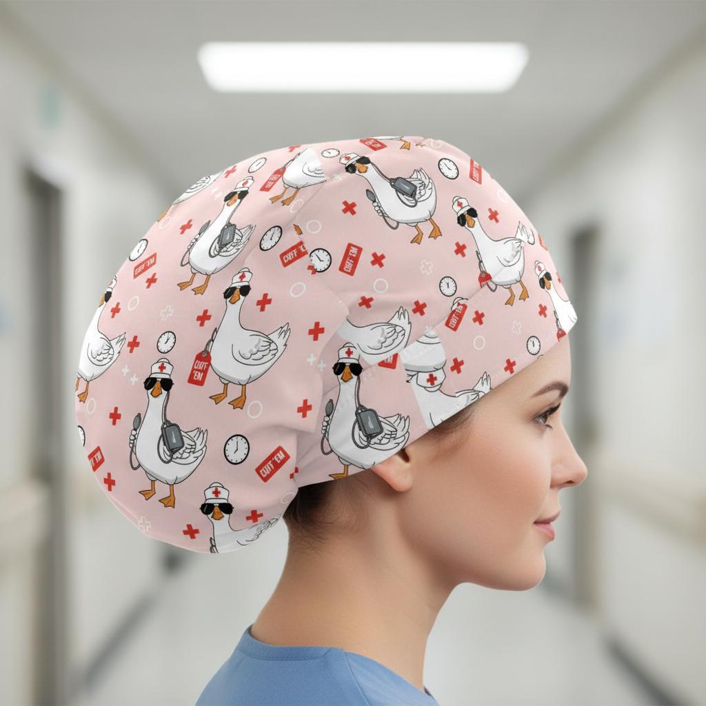 Cotton Scrub Cap: Goose Print, RN Nurse Theme, “Cuff ’Em” Design image 6
