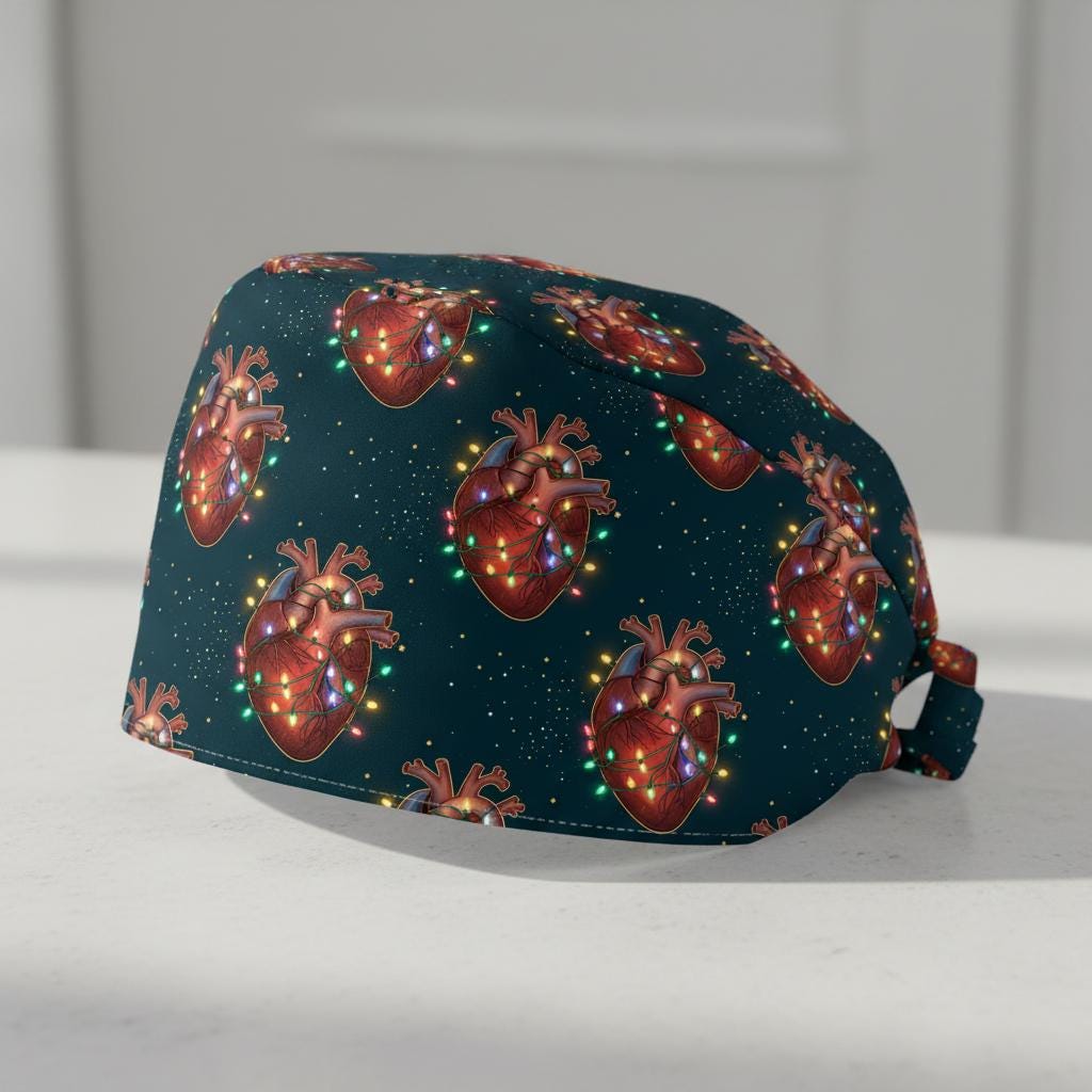 Cotton Scrub Cap: Heart Anatomy Print, Christmas Theme, Medical Design image 2