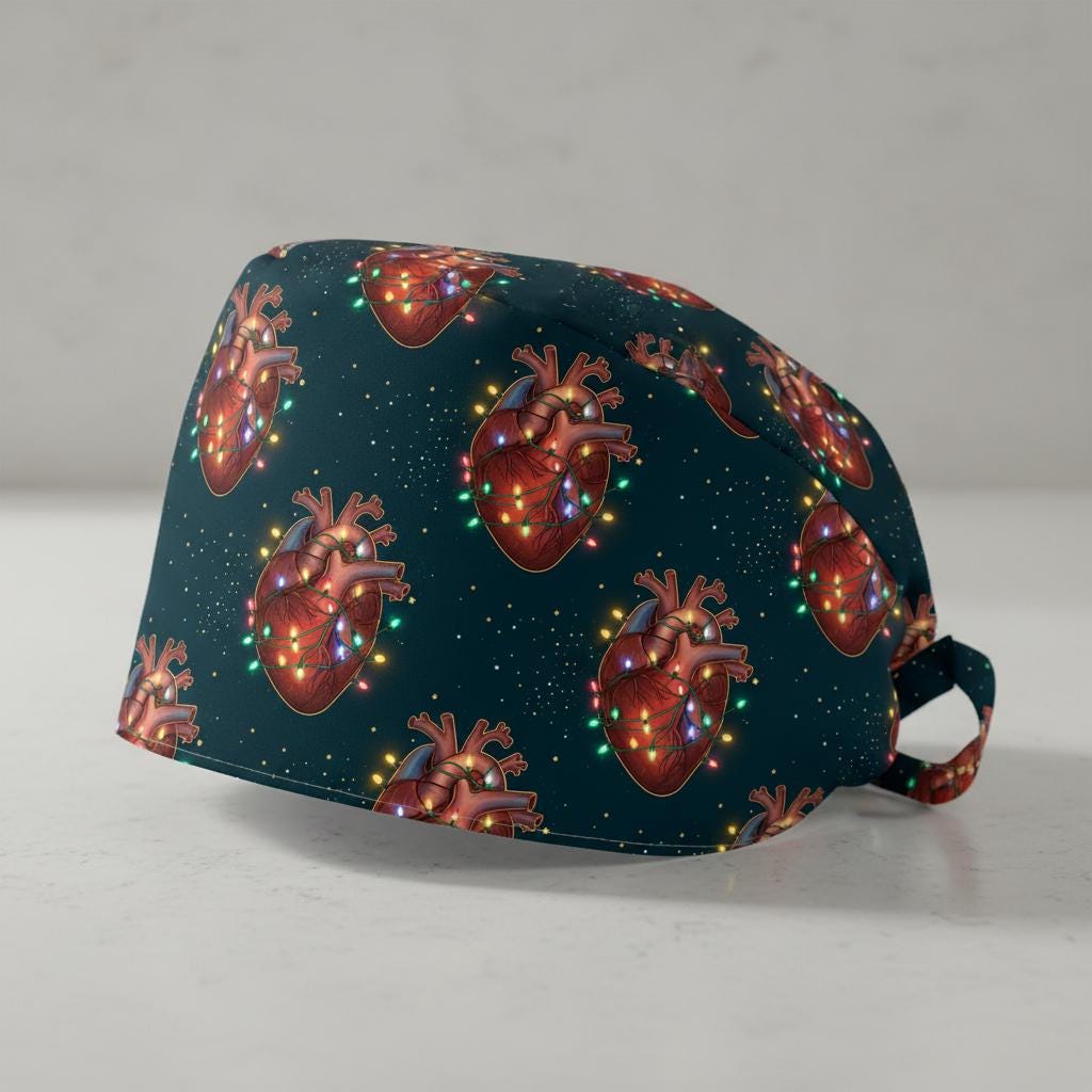 Cotton Scrub Cap: Heart Anatomy Print, Christmas Theme, Medical Design image 3