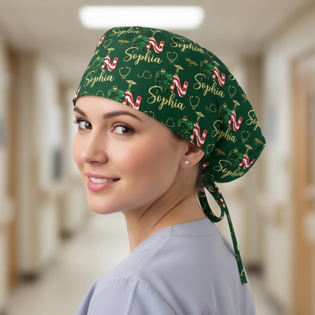 Cotton Scrub Cap: Custom Name Embroidery, RN Nurse Wear, Christmas Theme image 1