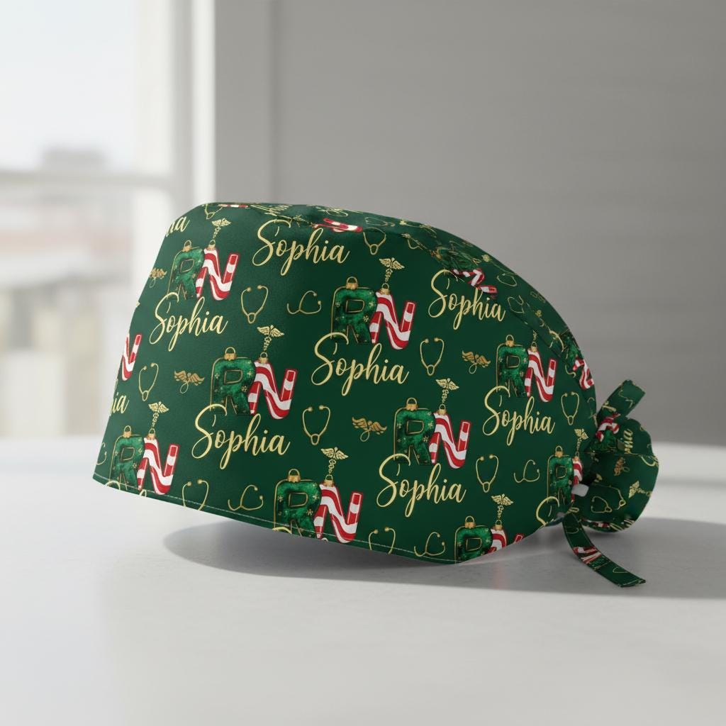 Cotton Scrub Cap: Custom Name Embroidery, RN Nurse Wear, Christmas Theme image 2