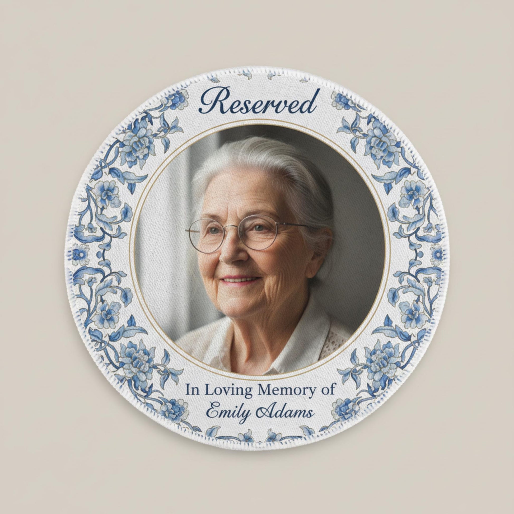 Personalized Photo Reserved Seat Sign: Memorial Chair Decor with Blue Chinoiserie Border