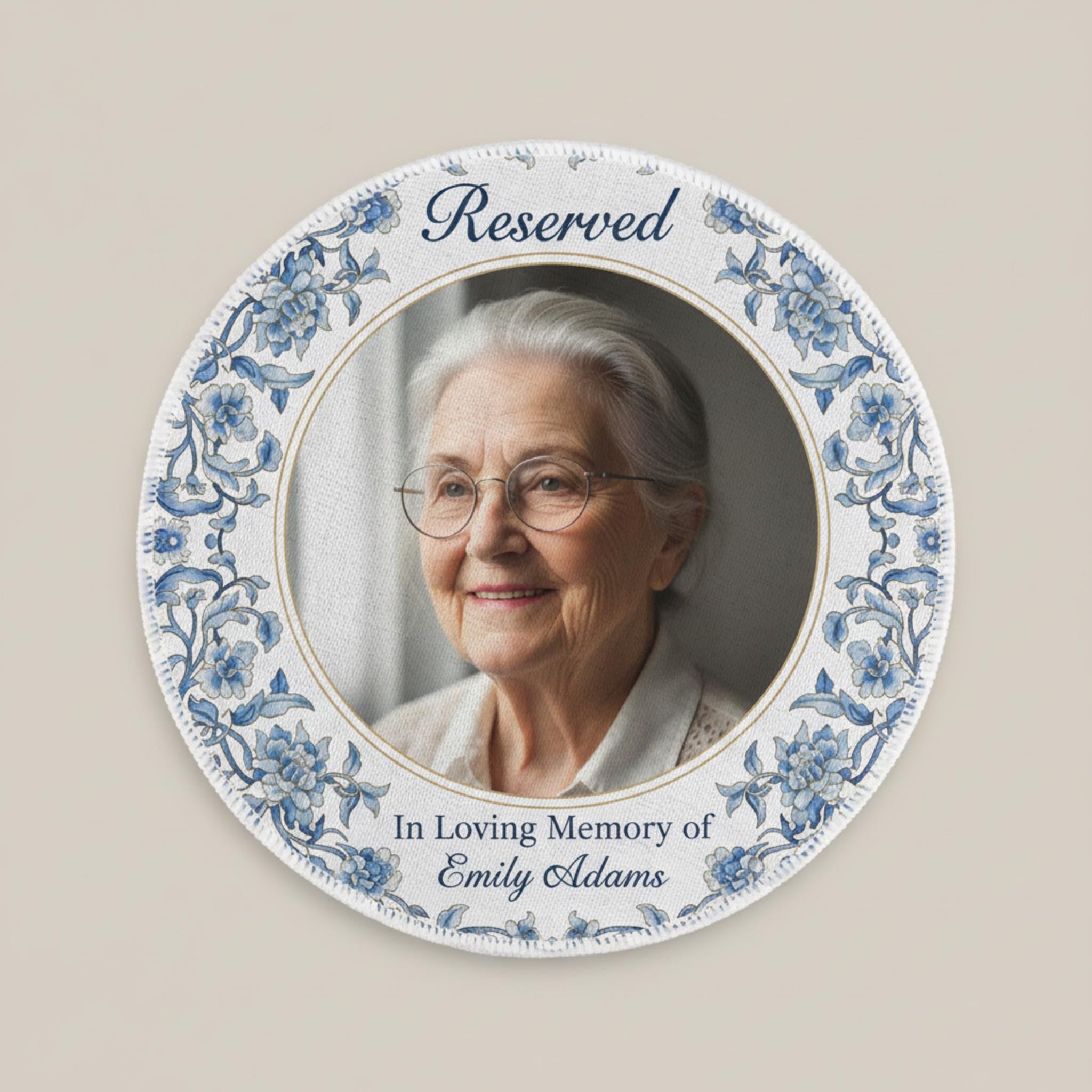 Personalized Photo Reserved Seat Sign: Memorial Chair Decor with Blue Chinoiserie Border
