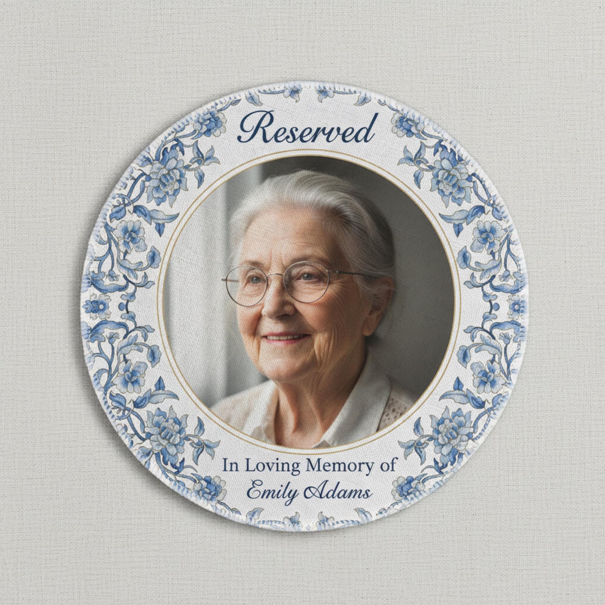 Personalized Photo Reserved Seat Sign: Memorial Chair Decor with Blue Chinoiserie Border
