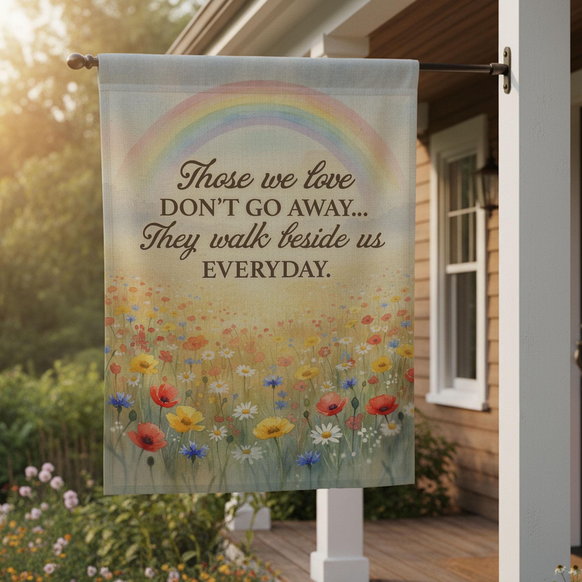 Weatherproof Memorial Garden Flag: Sympathy Remembrance Decor with Wildflower Meadow and Rainbow