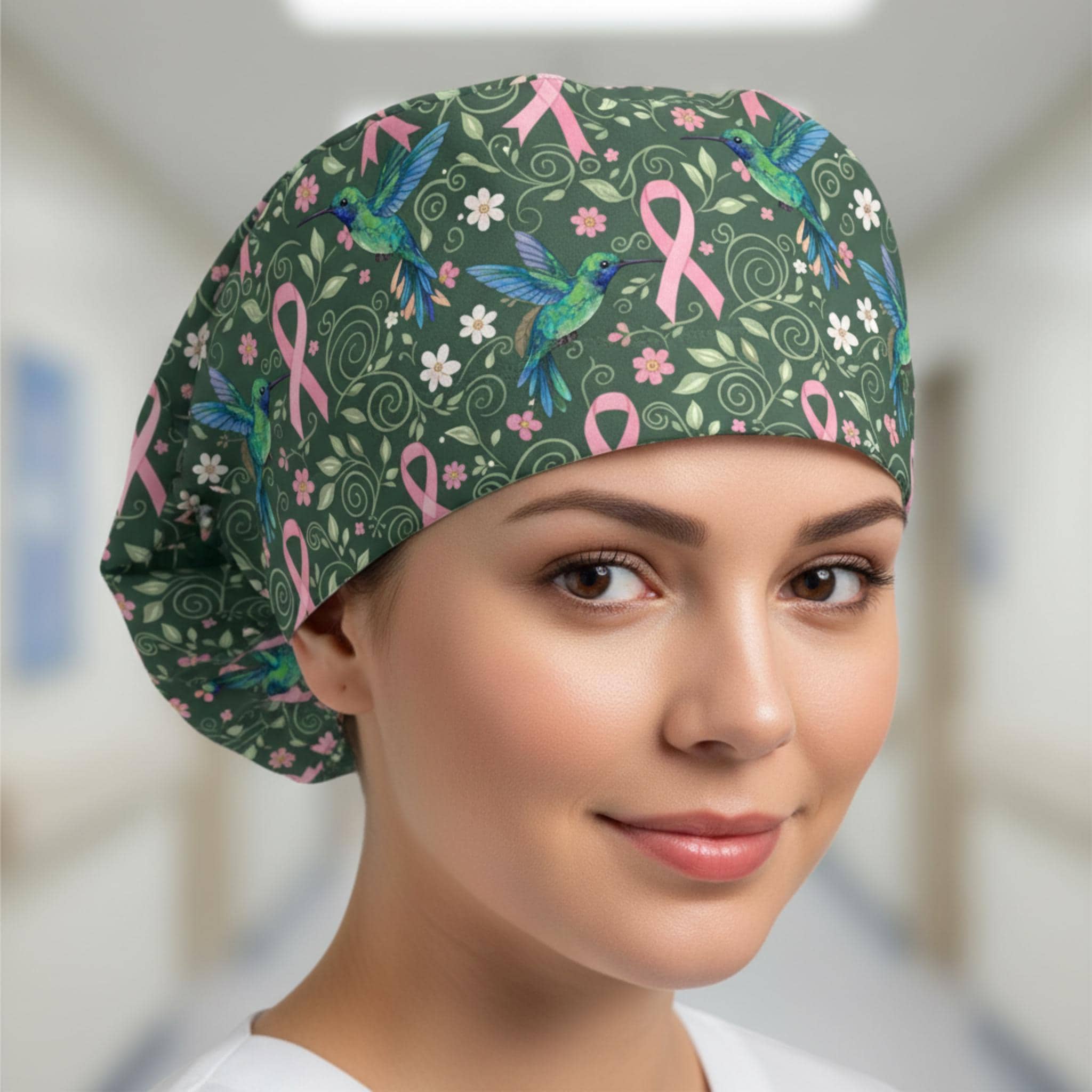 Cotton Scrub Cap: Hummingbird Print, Pink Ribbon Symbol, Breast Cancer Awareness Design image 6